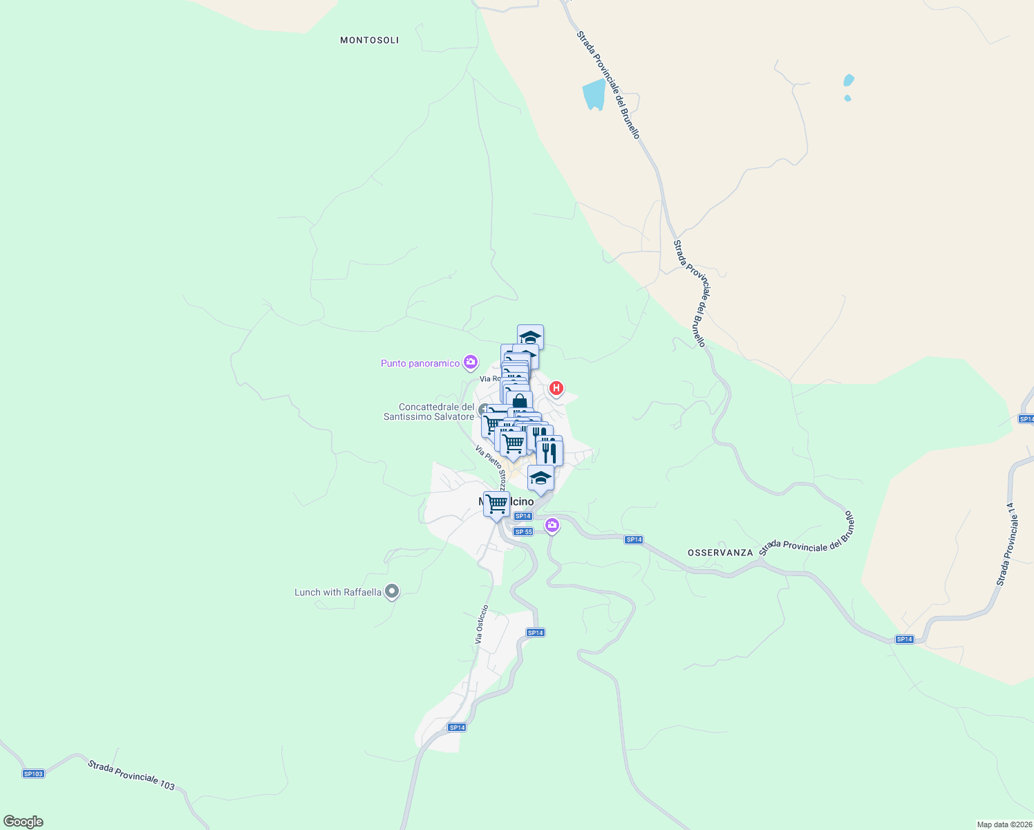 map of restaurants, bars, coffee shops, grocery stores, and more near 2 Piazza del Popolo in Montalcino