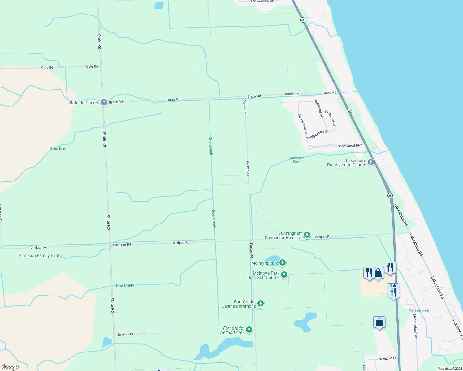 map of restaurants, bars, coffee shops, grocery stores, and more near 5171 Parker Road in Fort Gratiot Township