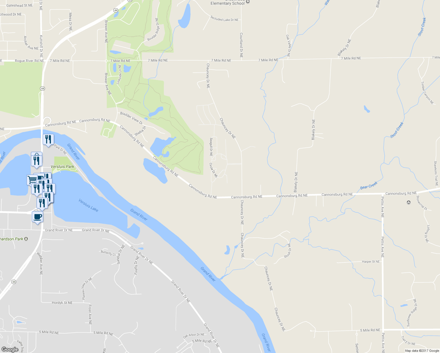 map of restaurants, bars, coffee shops, grocery stores, and more near 5329 Circle Drive Northeast in Plainfield charter Township