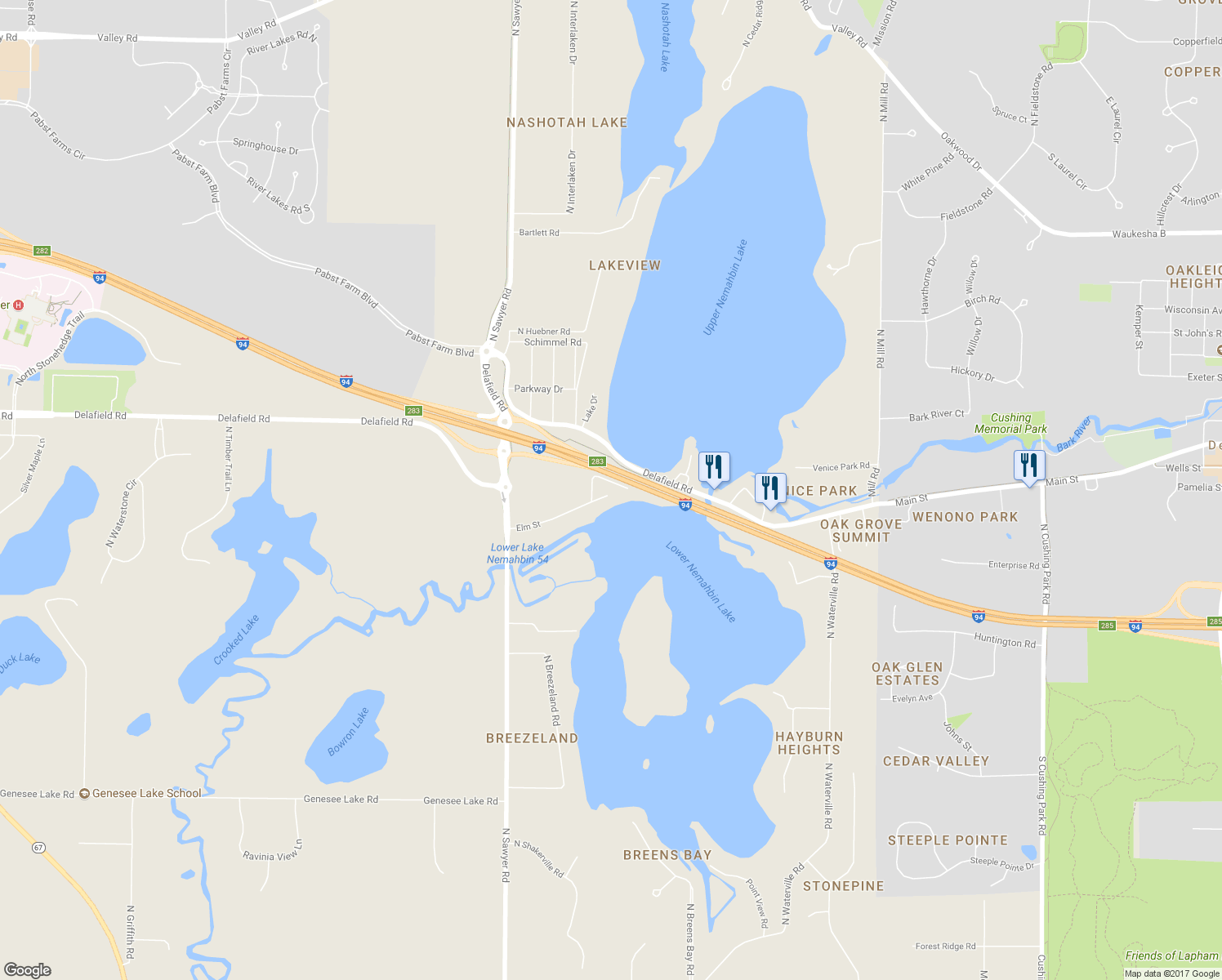 map of restaurants, bars, coffee shops, grocery stores, and more near 34711 Elm Street in Oconomowoc