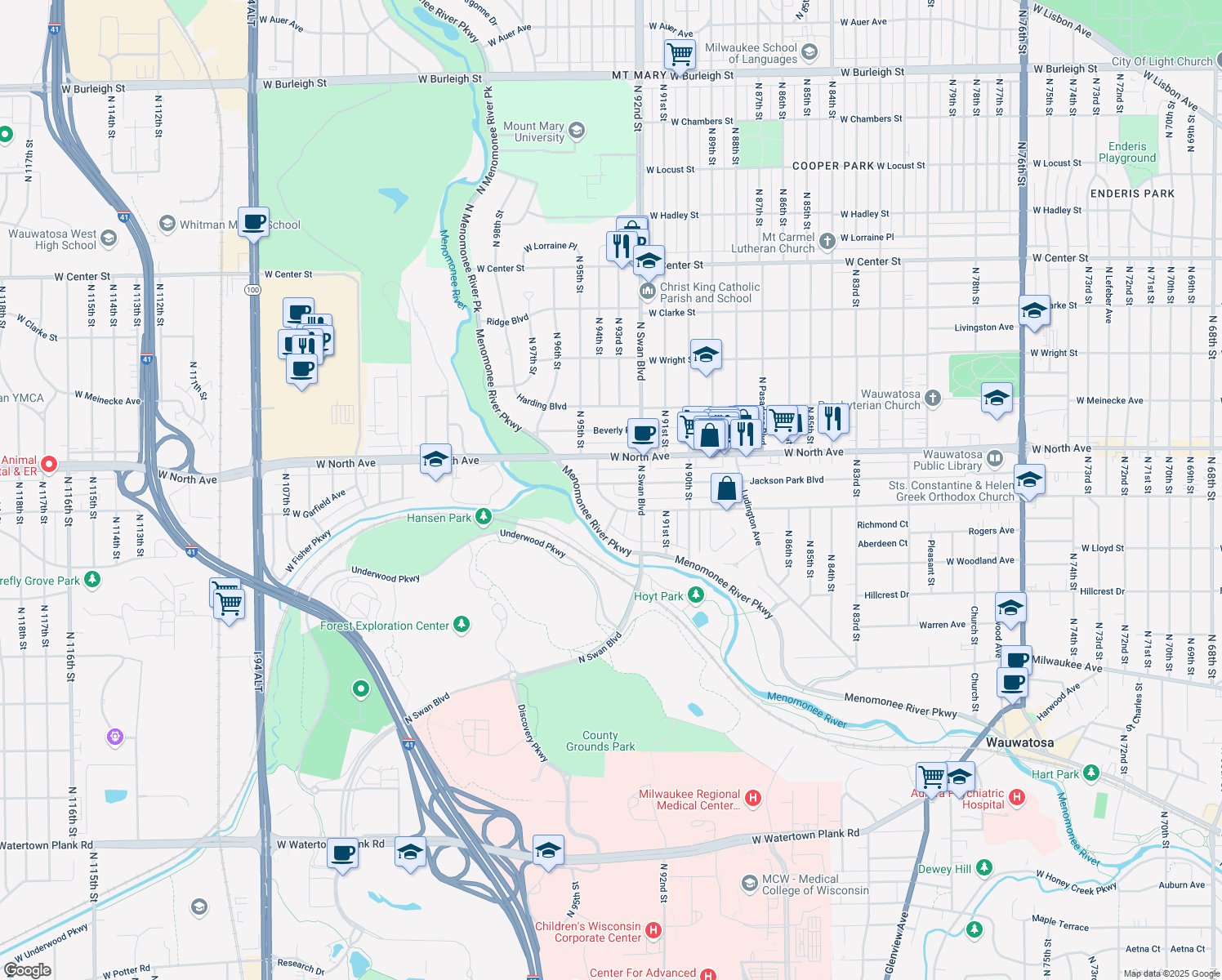 map of restaurants, bars, coffee shops, grocery stores, and more near 9315 Jackson Park Boulevard in Wauwatosa