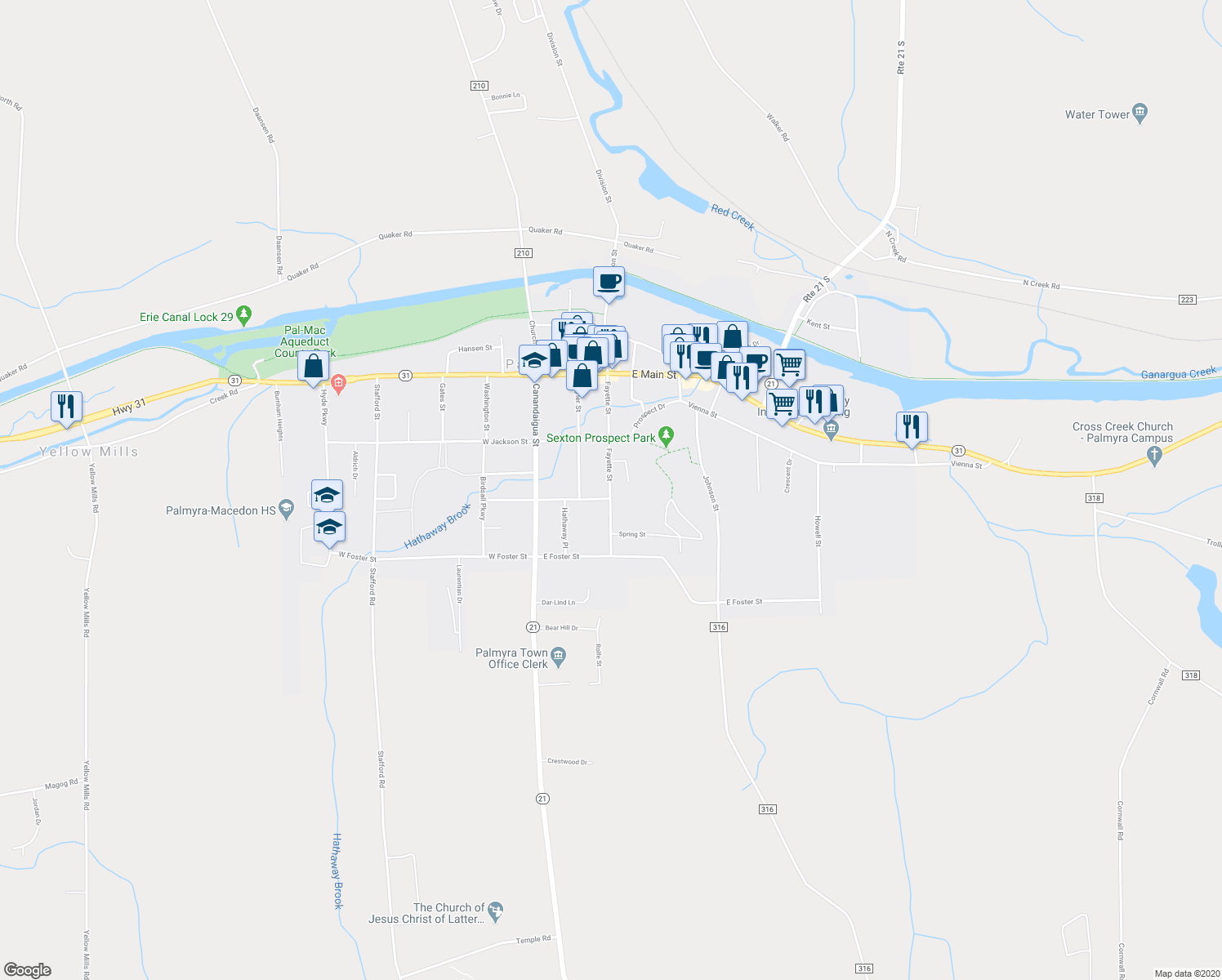 map of restaurants, bars, coffee shops, grocery stores, and more near 256 Fayette Street in Palmyra