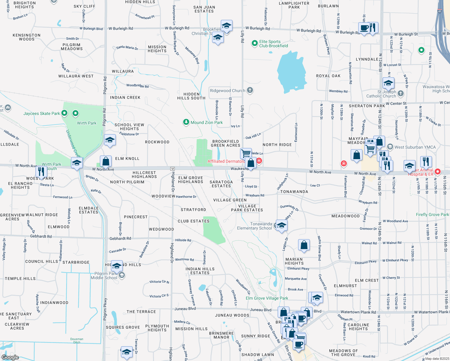 map of restaurants, bars, coffee shops, grocery stores, and more near 2115 Underwood Pkwy in Elm Grove