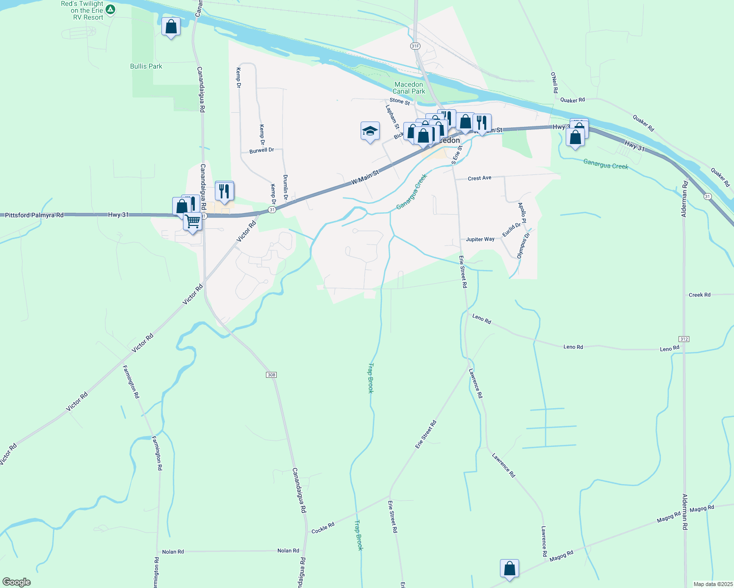 map of restaurants, bars, coffee shops, grocery stores, and more near 89 Paddy Ln in Macedon