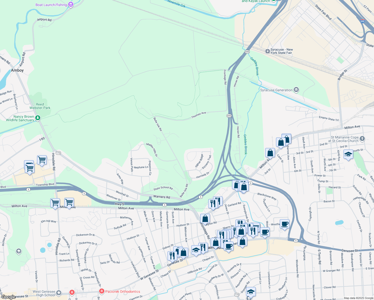 map of restaurants, bars, coffee shops, grocery stores, and more near 159 Lookout Circle in Syracuse