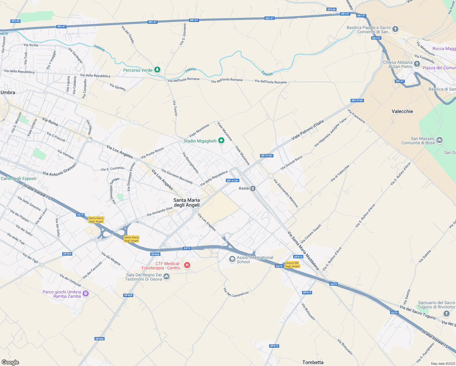 map of restaurants, bars, coffee shops, grocery stores, and more near Via Patrono D'Italia in Perugia