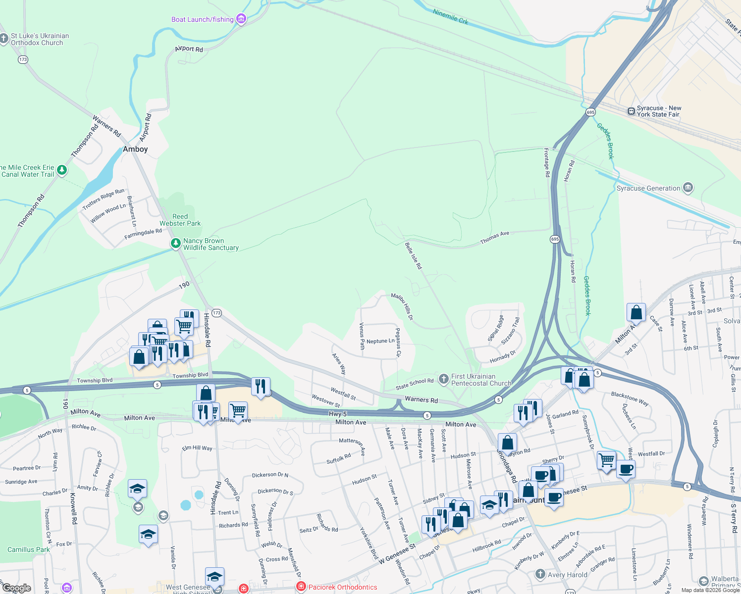 map of restaurants, bars, coffee shops, grocery stores, and more near 5989 Paradise Circle in Syracuse