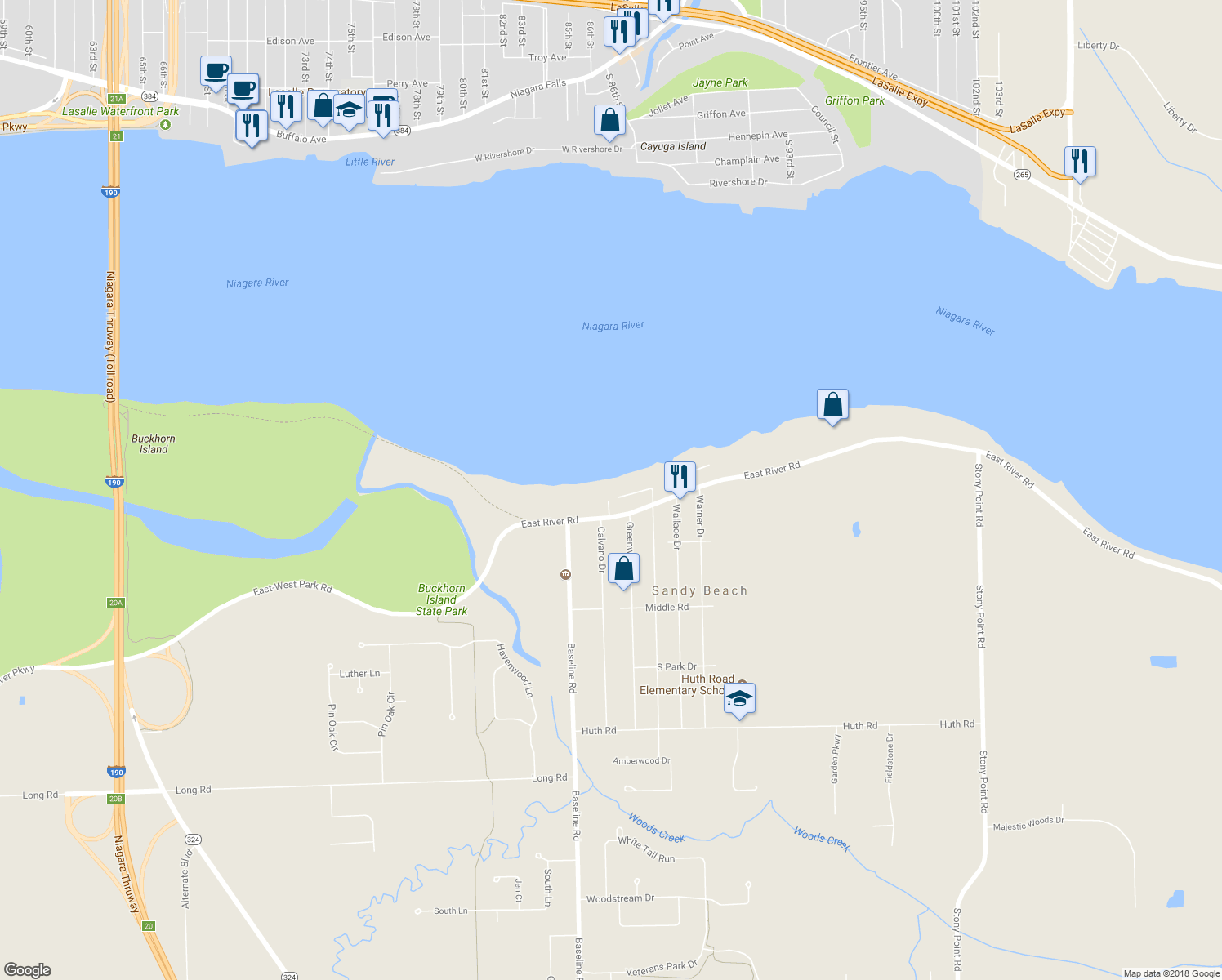 map of restaurants, bars, coffee shops, grocery stores, and more near 5695 East River Road in Grand Island