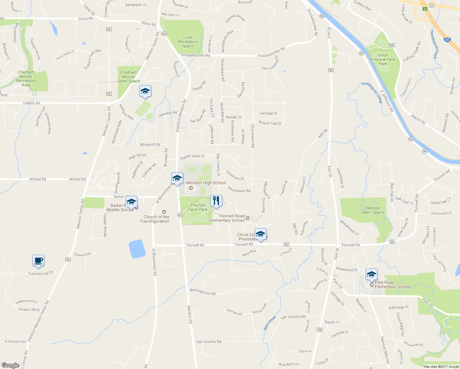 map of restaurants, bars, coffee shops, grocery stores, and more near 108 Stuyvesant Road in Pittsford