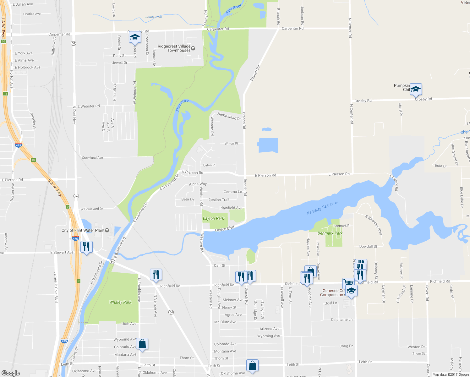 map of restaurants, bars, coffee shops, grocery stores, and more near 5007 Delta Drive in Flint