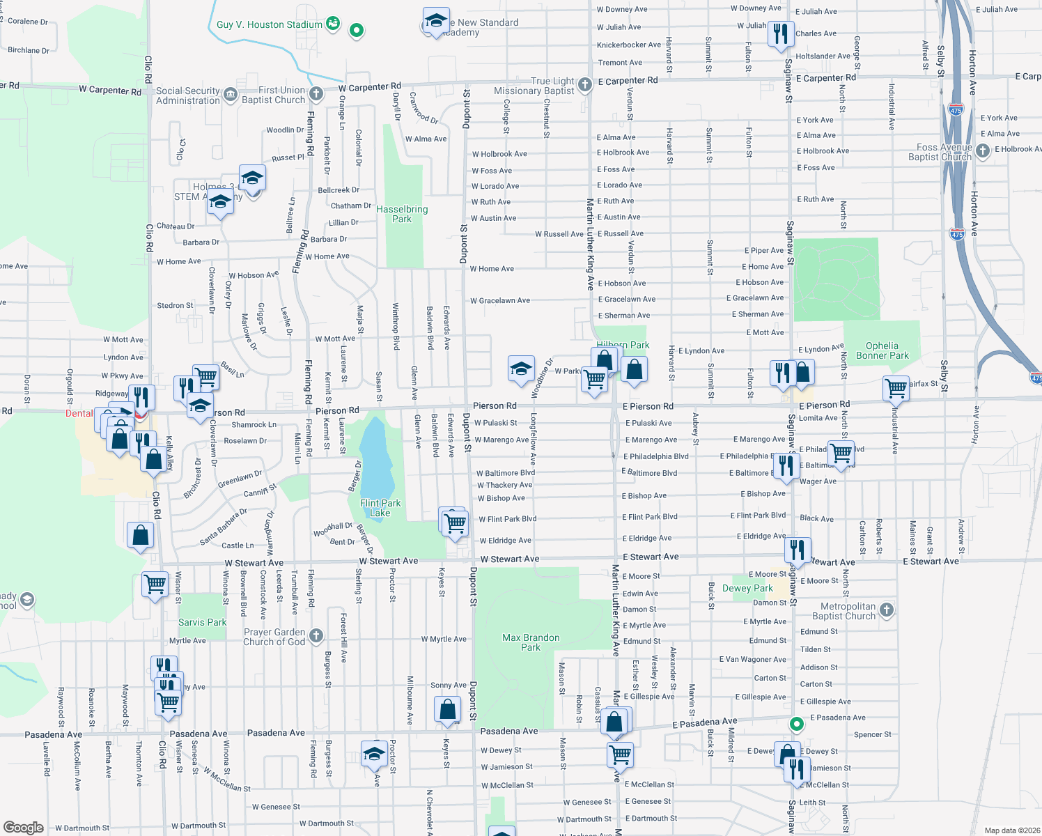 map of restaurants, bars, coffee shops, grocery stores, and more near 518 West Pulaski Street in Flint