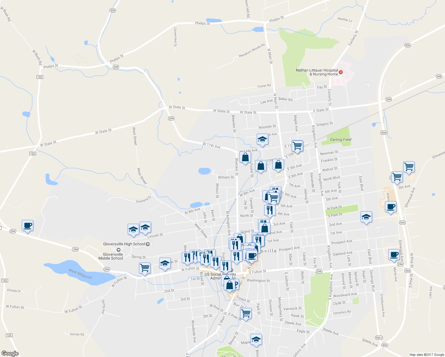 map of restaurants, bars, coffee shops, grocery stores, and more near 29 William Street in Gloversville