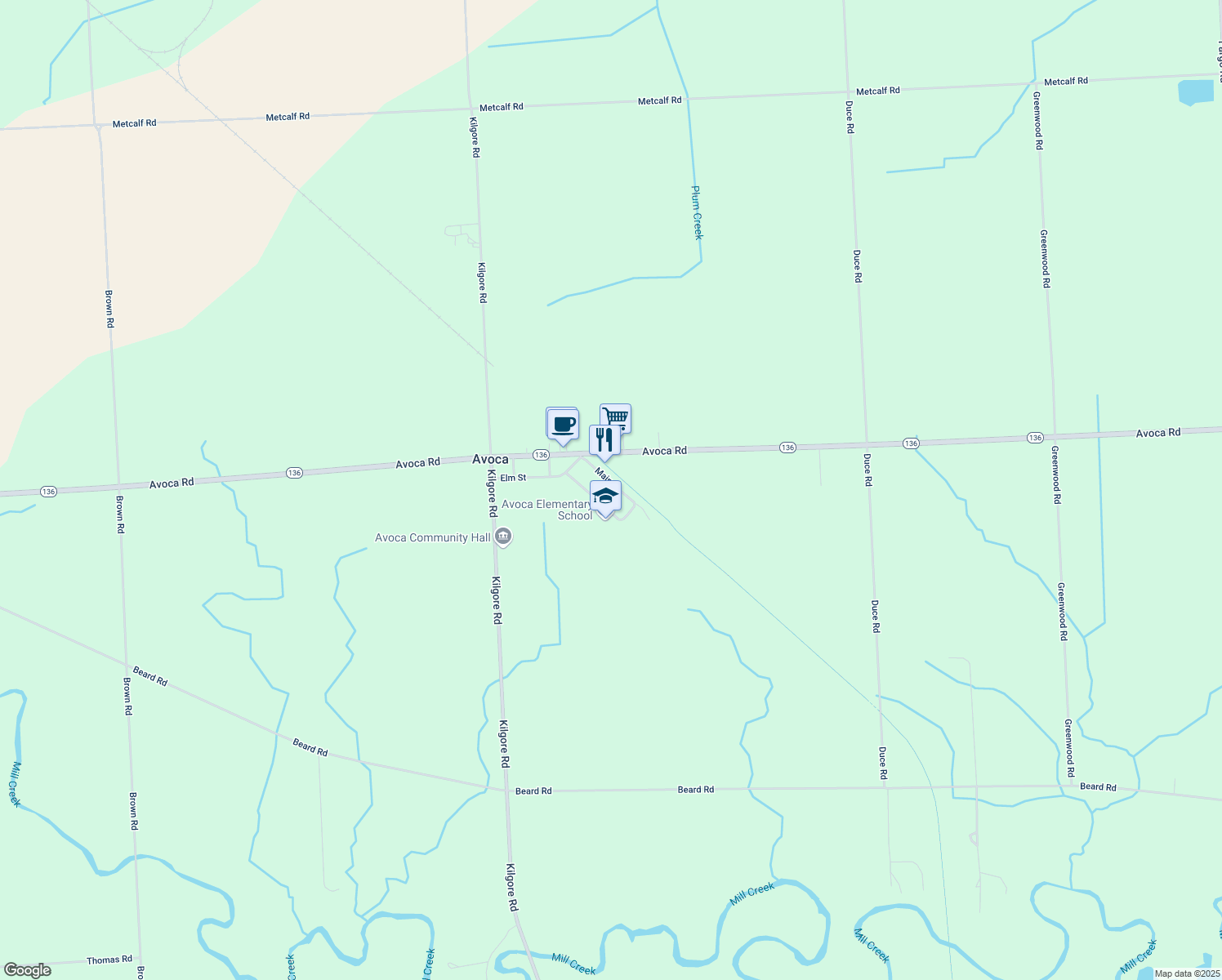 map of restaurants, bars, coffee shops, grocery stores, and more near 8765 Main Street in Avoca