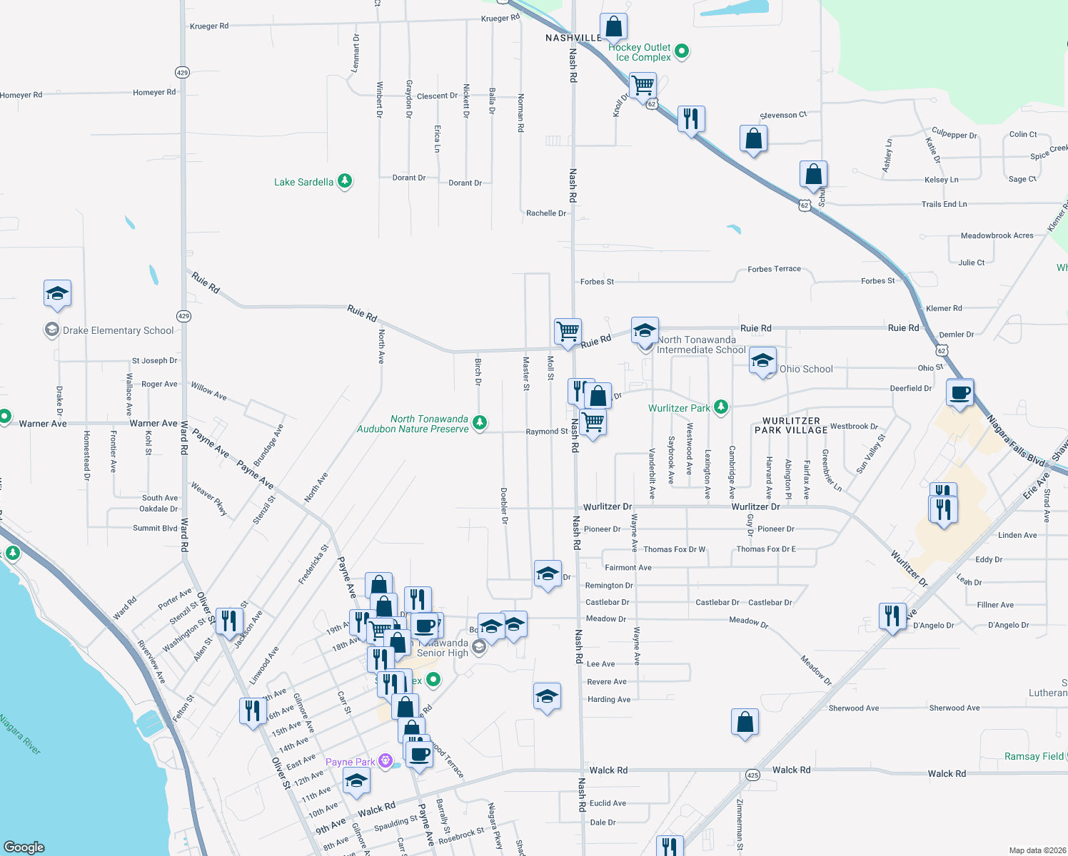 map of restaurants, bars, coffee shops, grocery stores, and more near 1377 Master Street in North Tonawanda