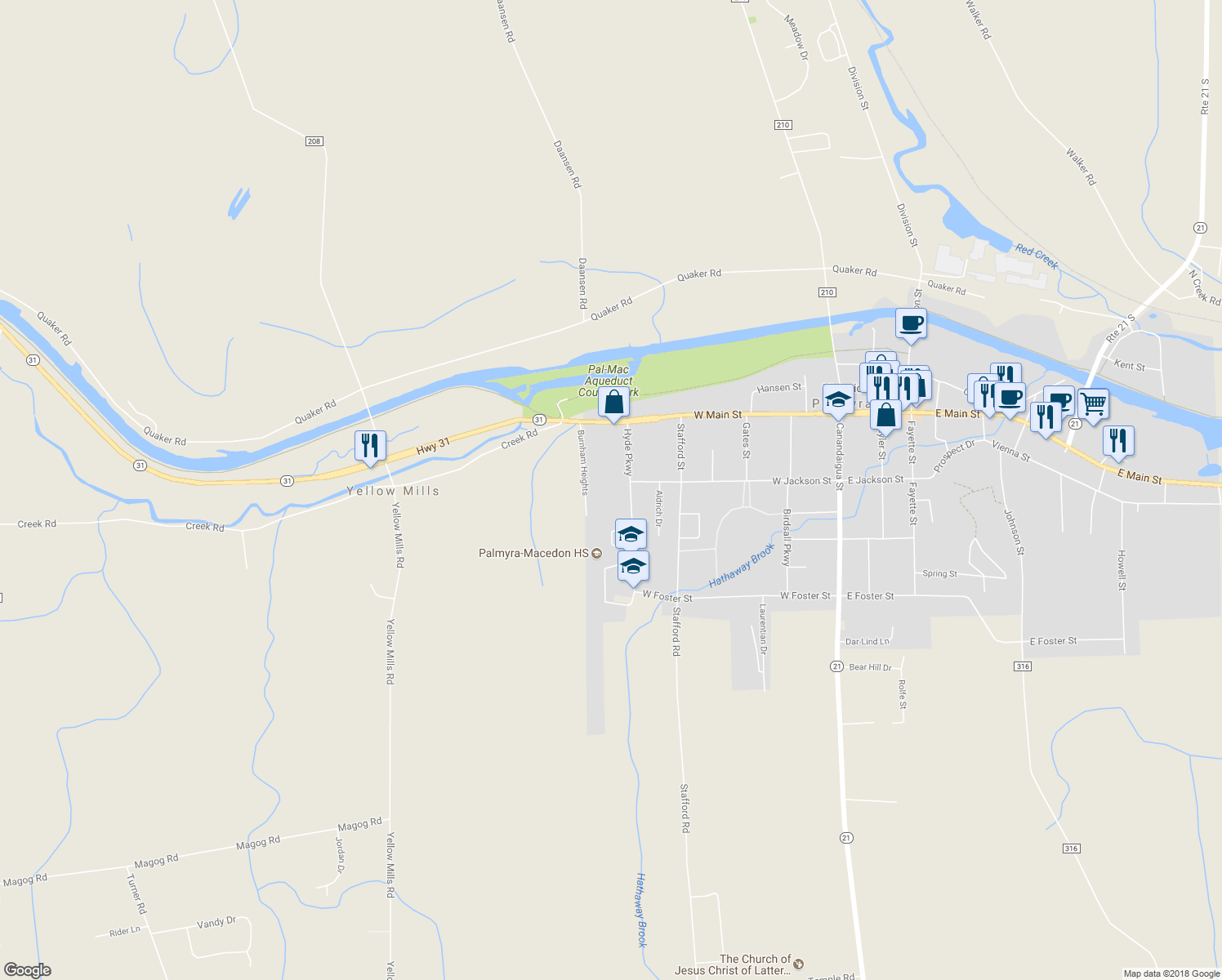 map of restaurants, bars, coffee shops, grocery stores, and more near 121 Hyde Parkway in Palmyra
