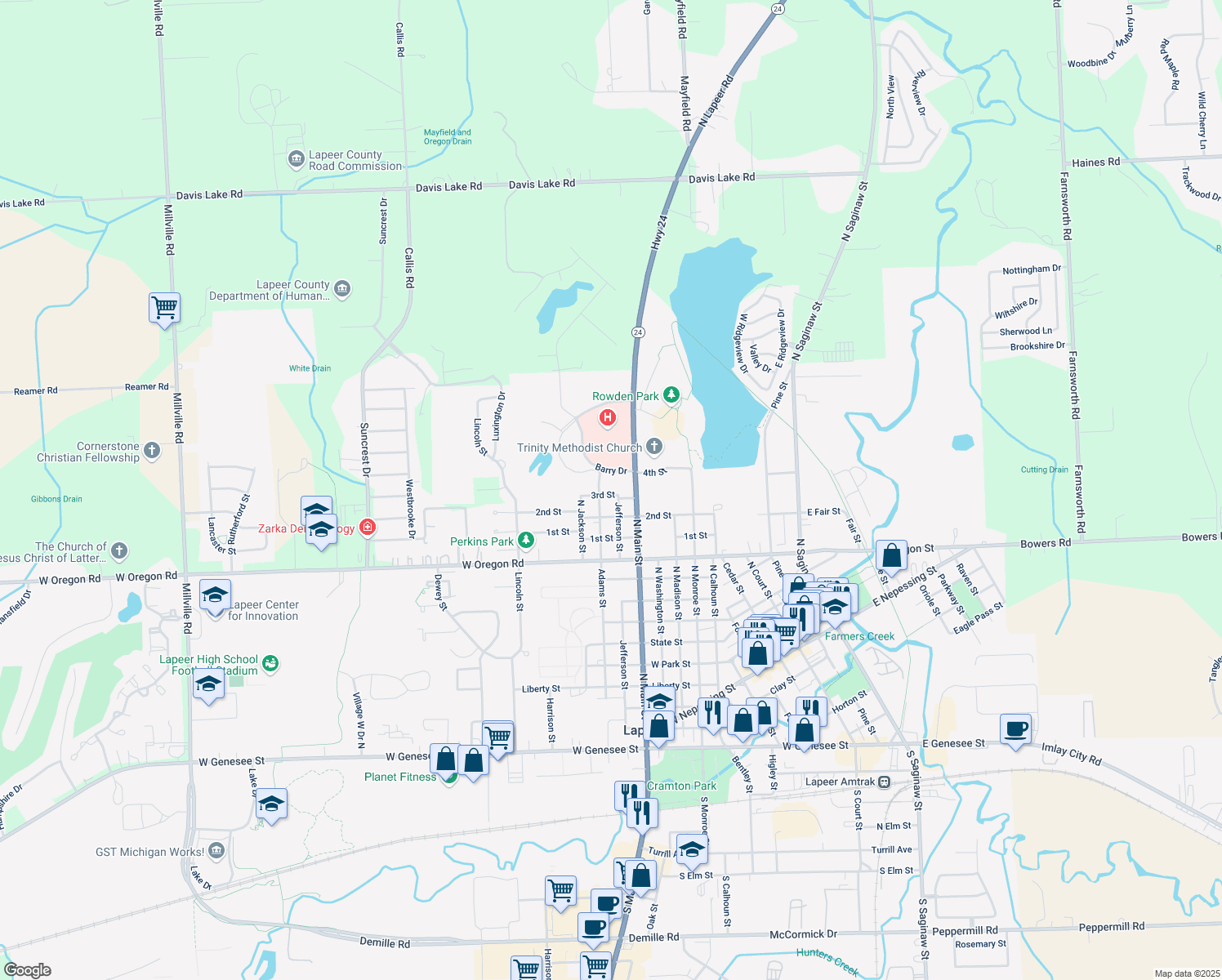 map of restaurants, bars, coffee shops, grocery stores, and more near 1088 3rd Street in Lapeer