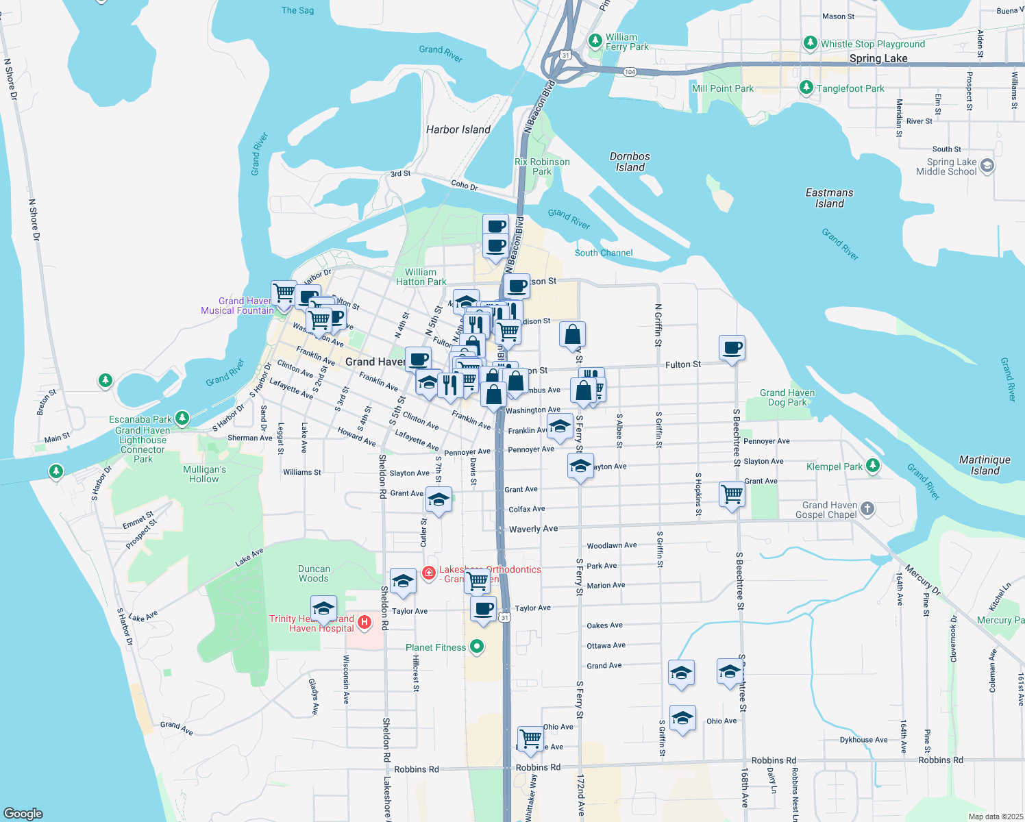 map of restaurants, bars, coffee shops, grocery stores, and more near Washington Avenue in Grand Haven