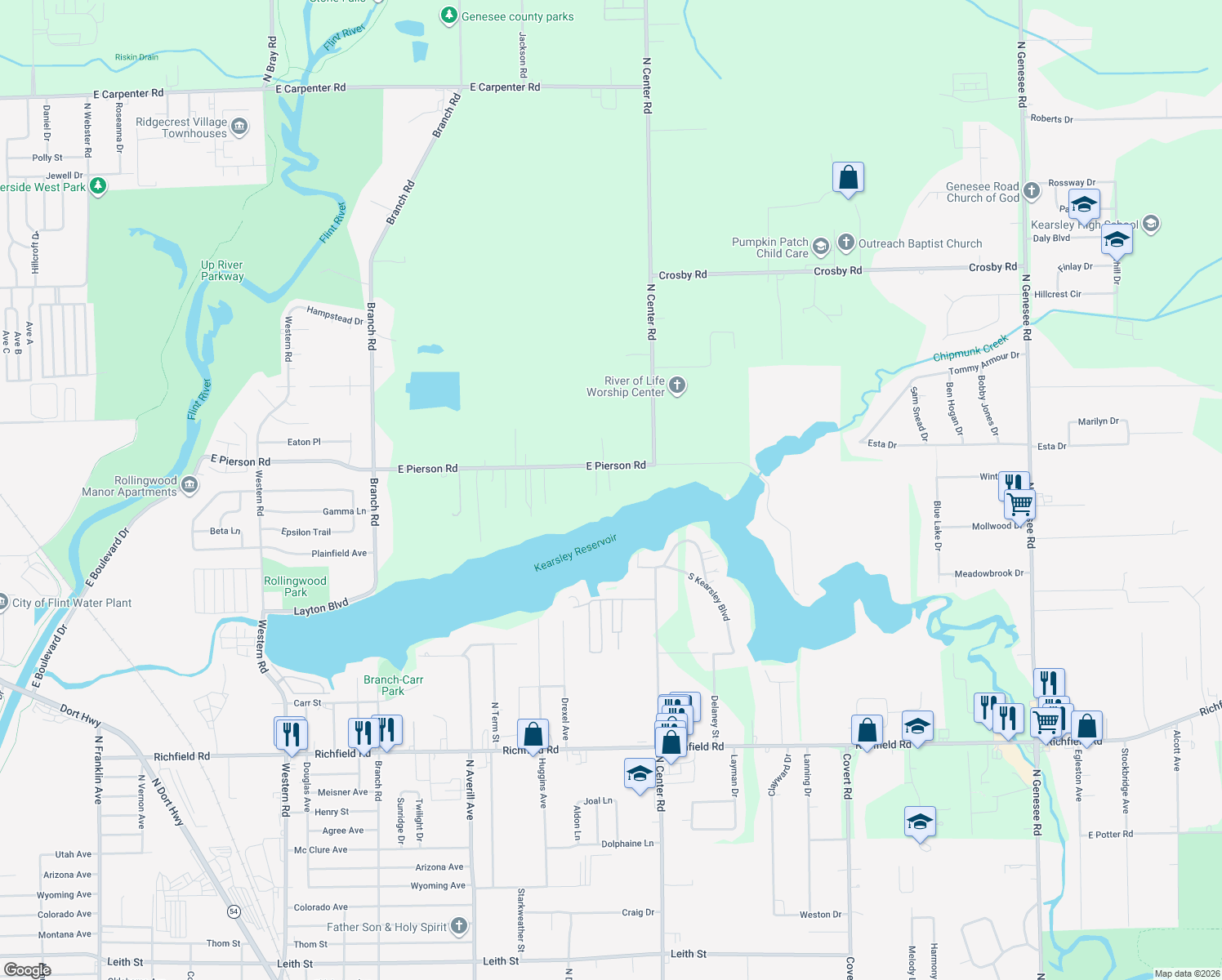 map of restaurants, bars, coffee shops, grocery stores, and more near 3466 East Pierson Road in Flint