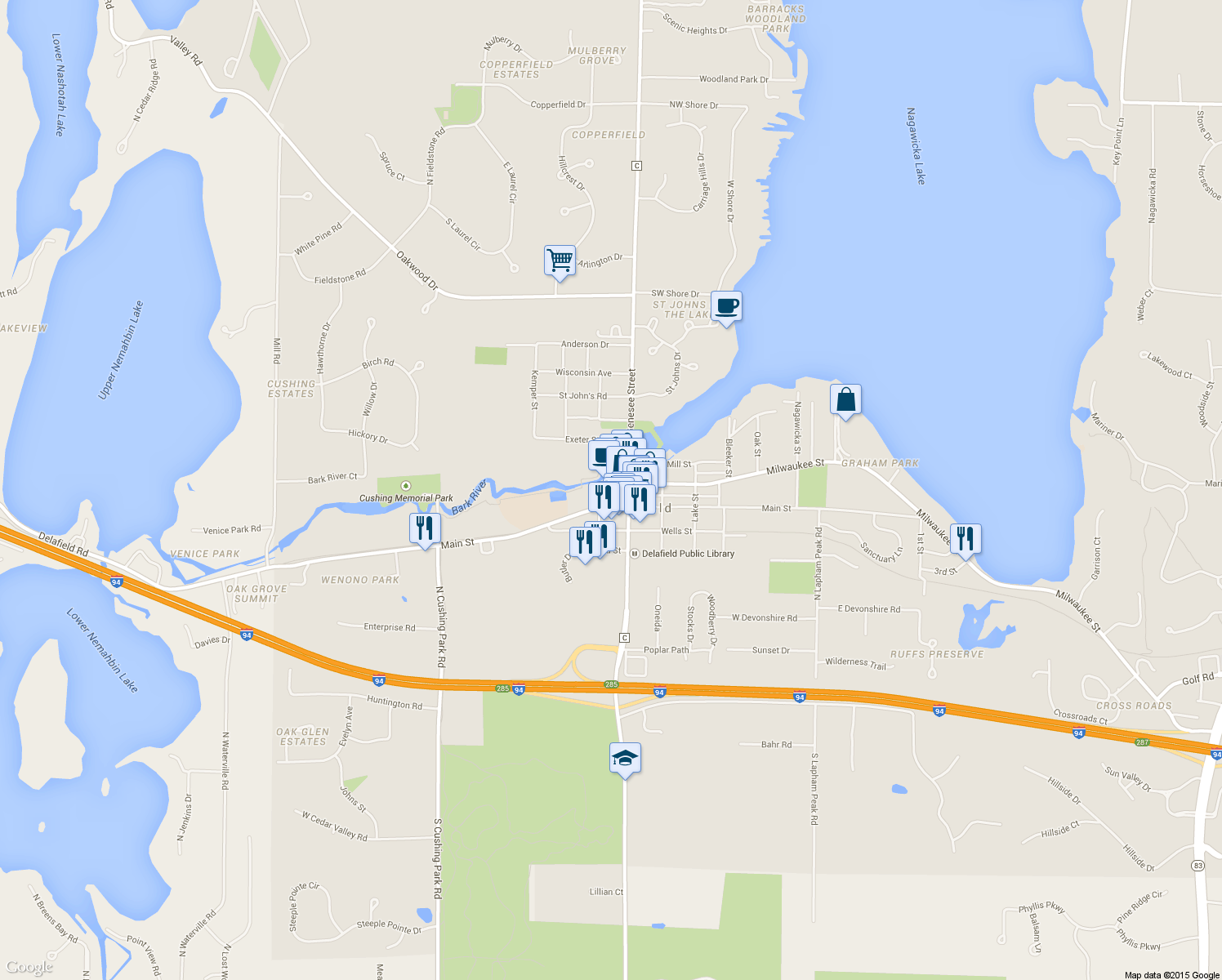 map of restaurants, bars, coffee shops, grocery stores, and more near 524 Milwaukee Street in Delafield