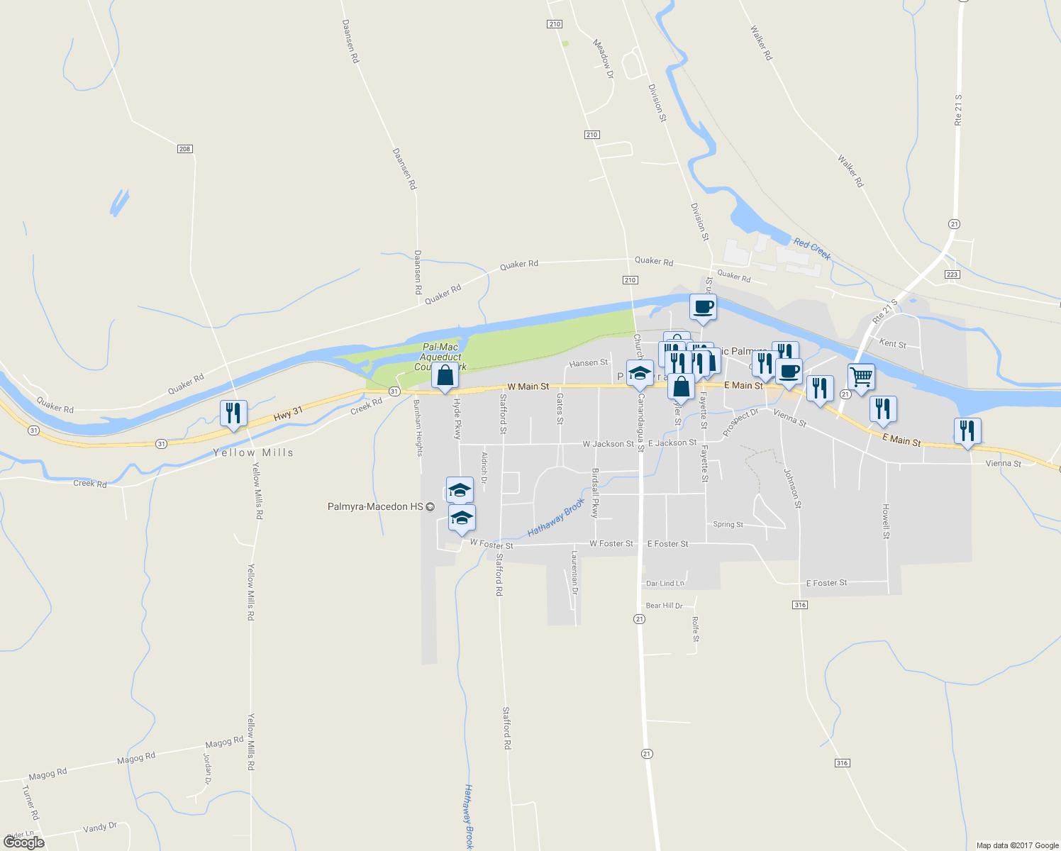map of restaurants, bars, coffee shops, grocery stores, and more near 150 Tremont Street in Palmyra