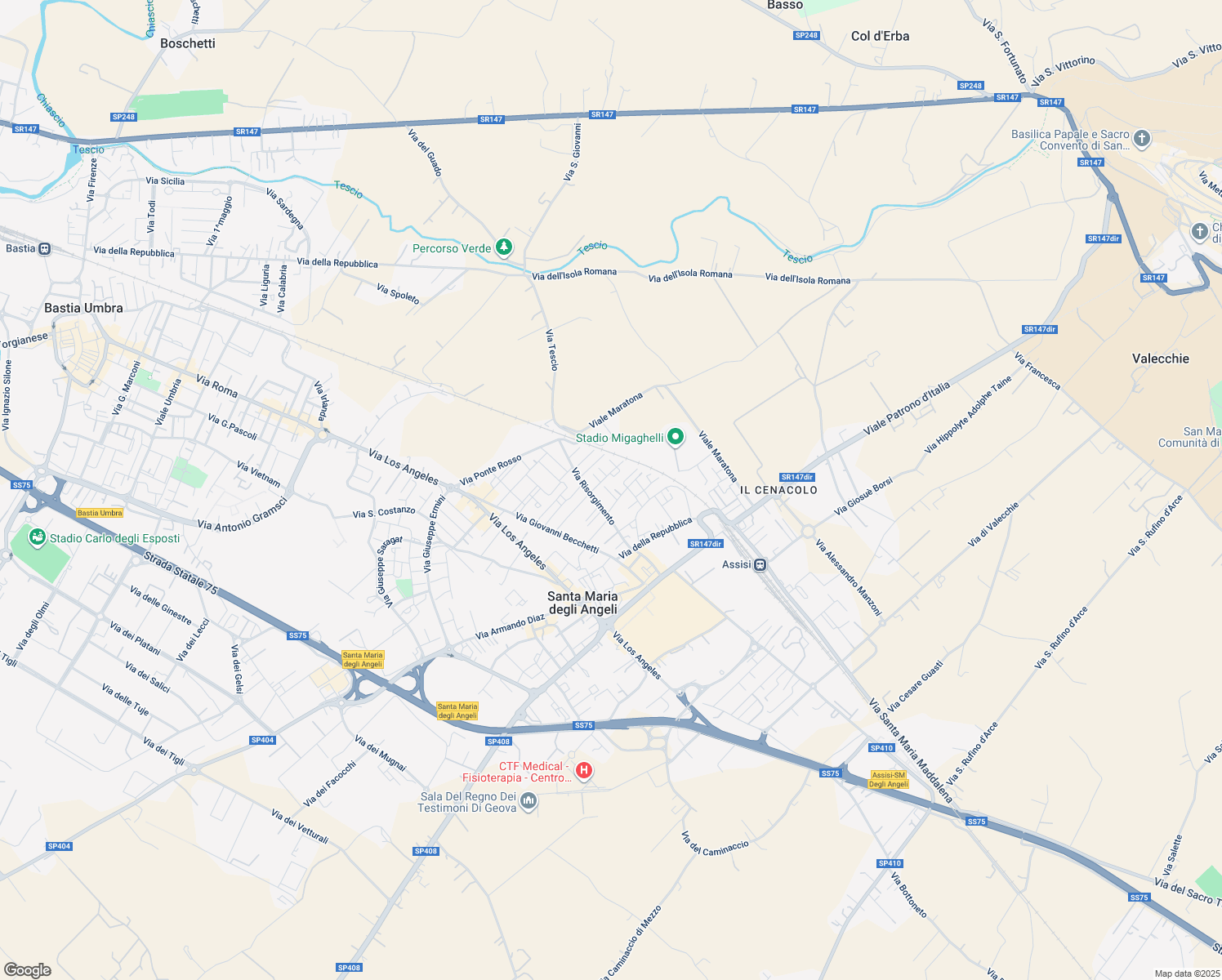 map of restaurants, bars, coffee shops, grocery stores, and more near 6 Via Caduti di Cefalonia in Santa Maria degli Angeli