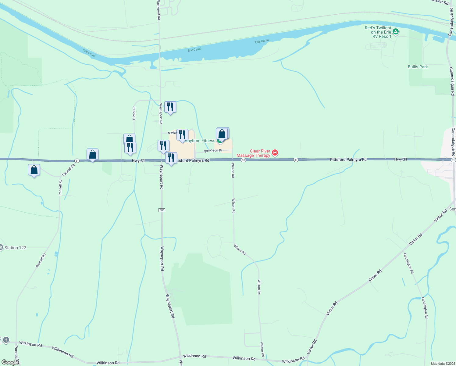map of restaurants, bars, coffee shops, grocery stores, and more near 1483 Wilson Rd in Macedon