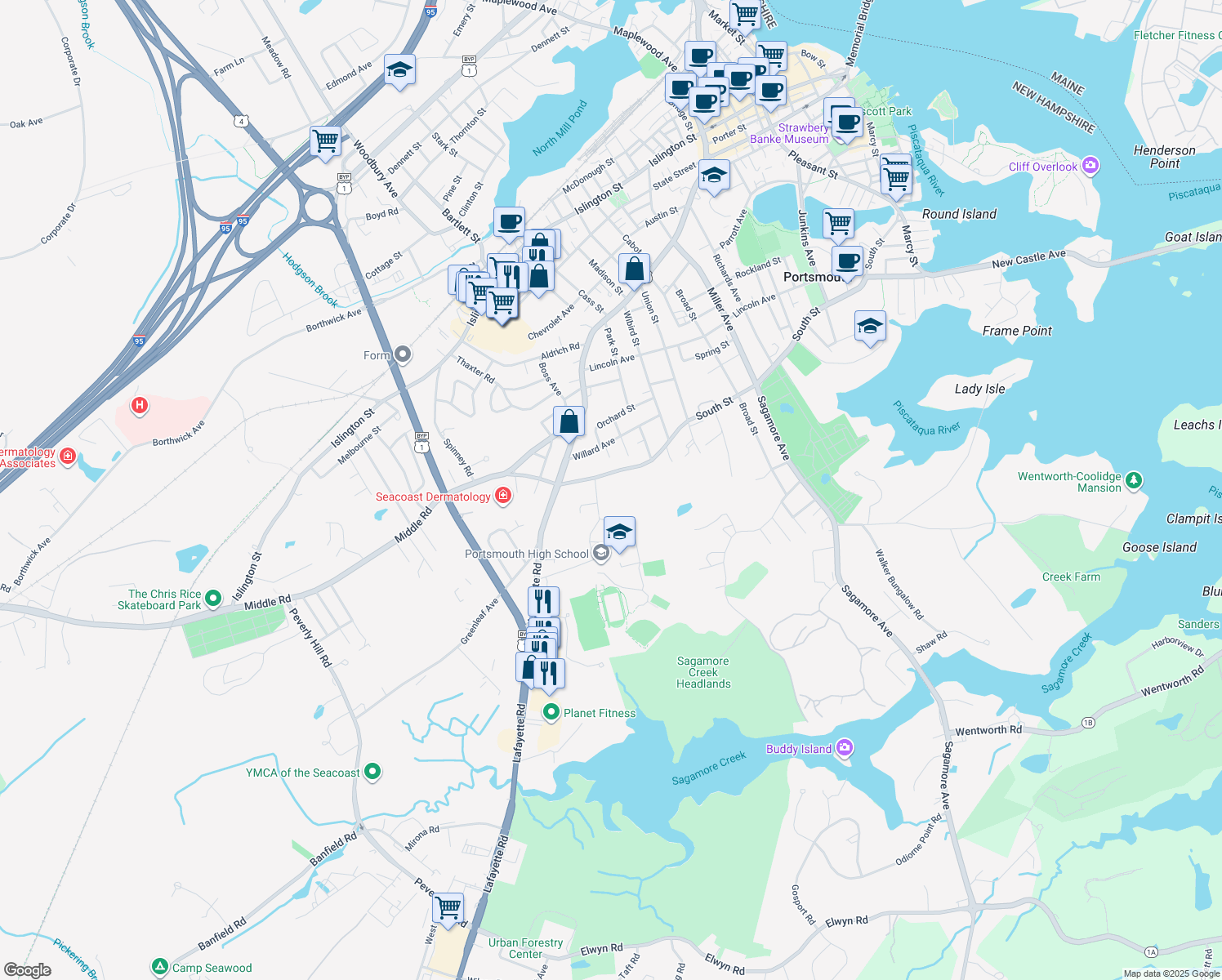 map of restaurants, bars, coffee shops, grocery stores, and more near 1160 South Street in Portsmouth