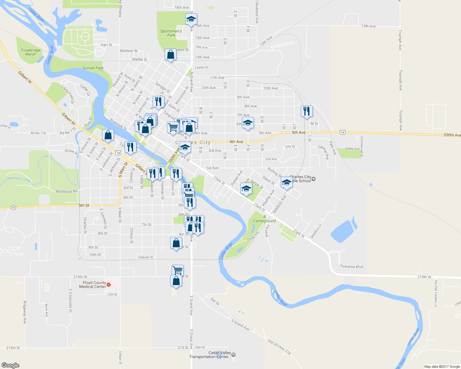 map of restaurants, bars, coffee shops, grocery stores, and more near 201 Patten Avenue in Charles City