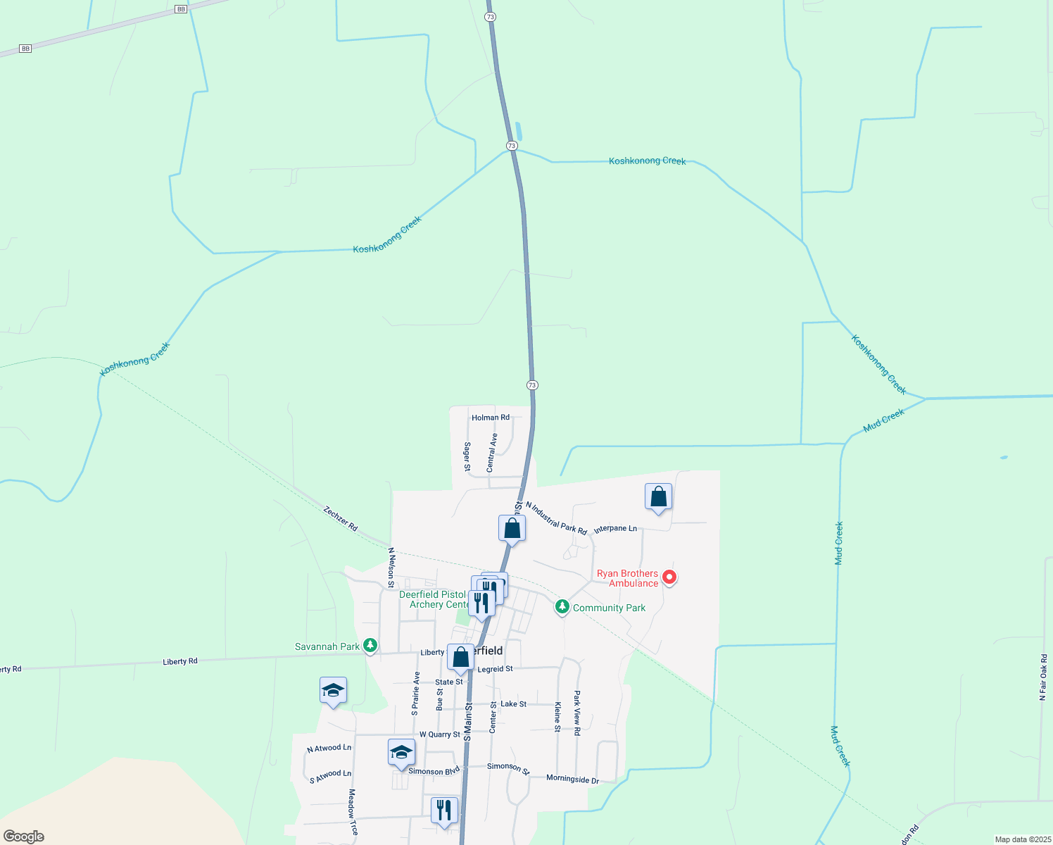 map of restaurants, bars, coffee shops, grocery stores, and more near 100 Holman Road in Deerfield