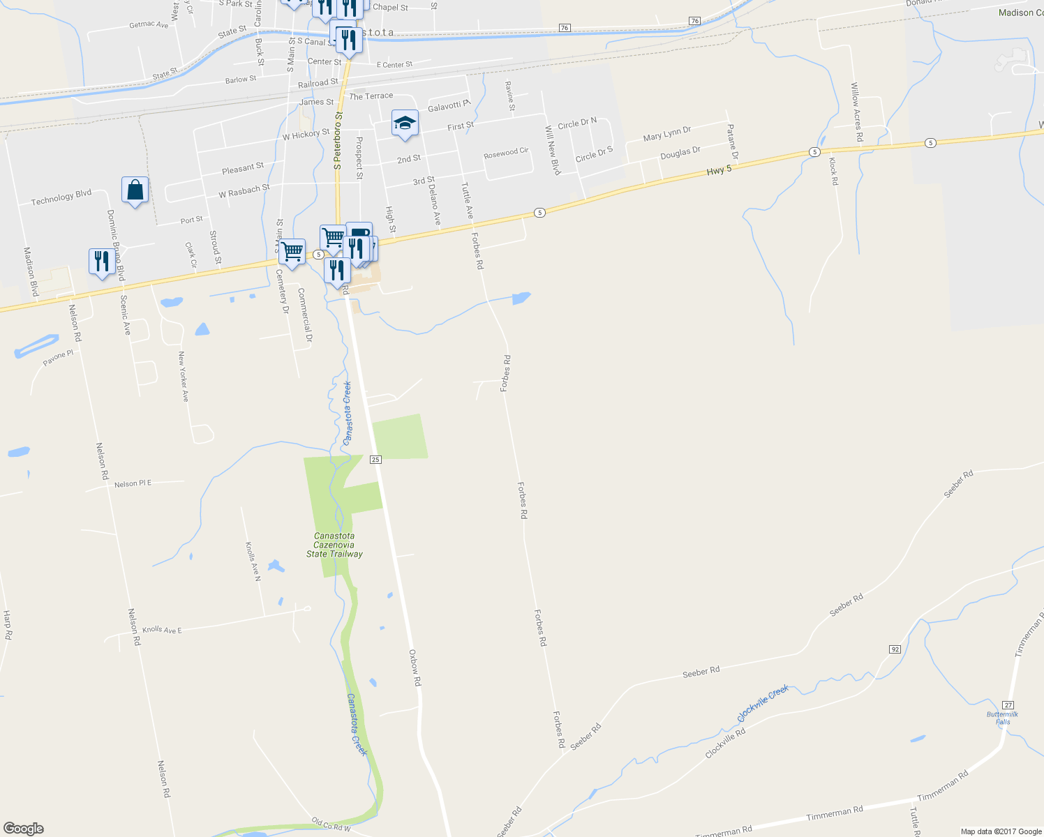 map of restaurants, bars, coffee shops, grocery stores, and more near 7032 Forbes Road in Canastota