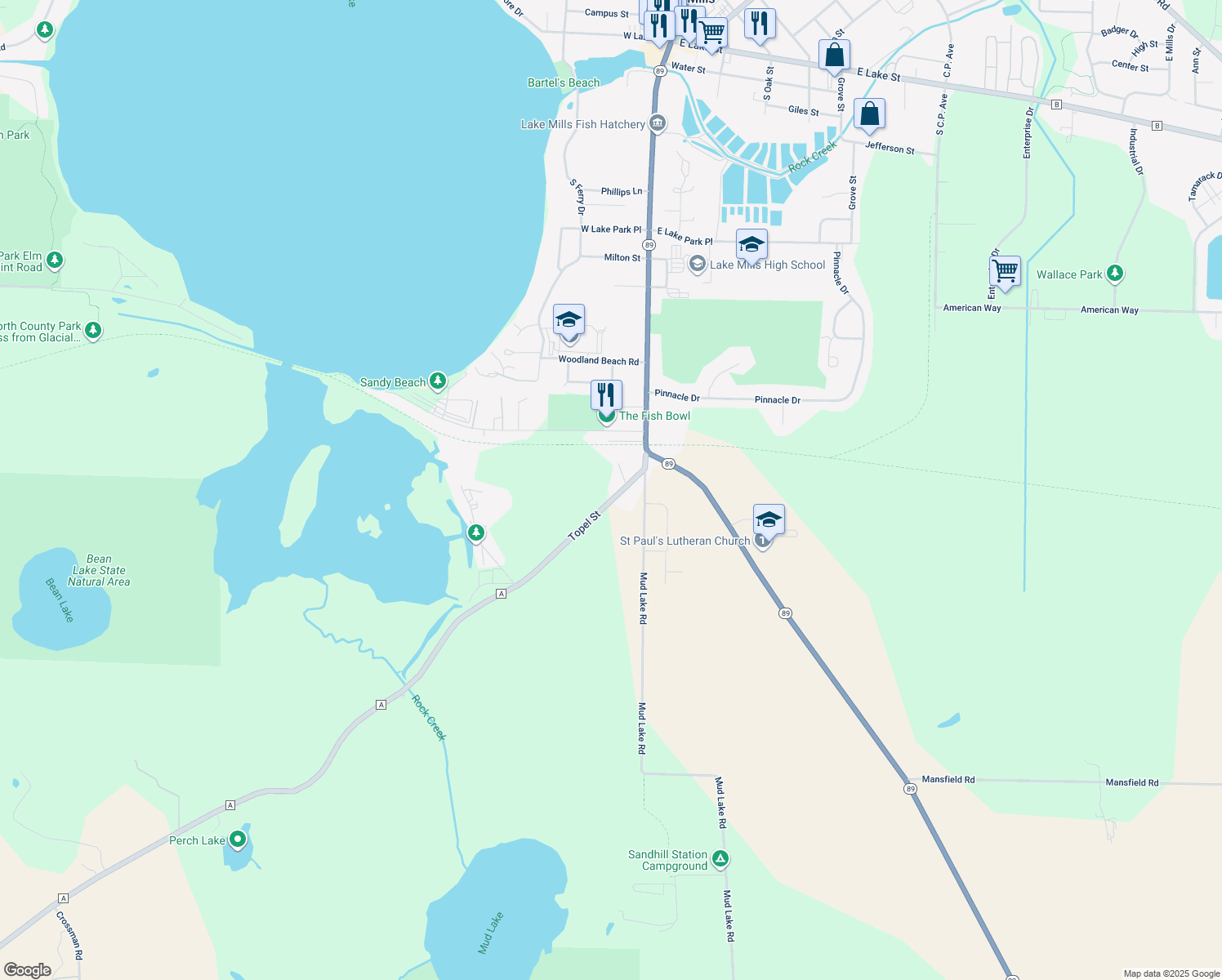map of restaurants, bars, coffee shops, grocery stores, and more near 1349 Topel Street in Lake Mills