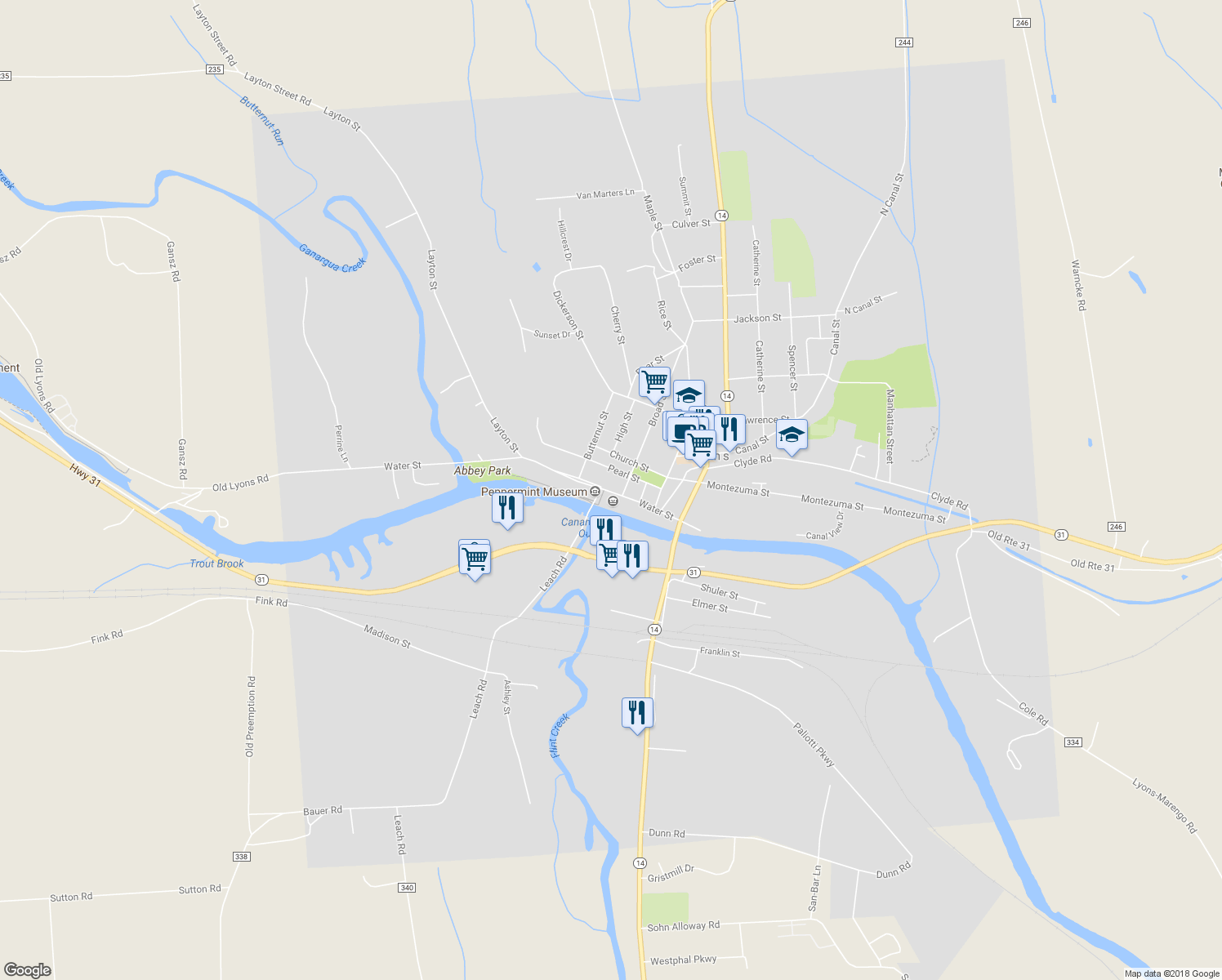 map of restaurants, bars, coffee shops, grocery stores, and more near 78 Water Street in Lyons