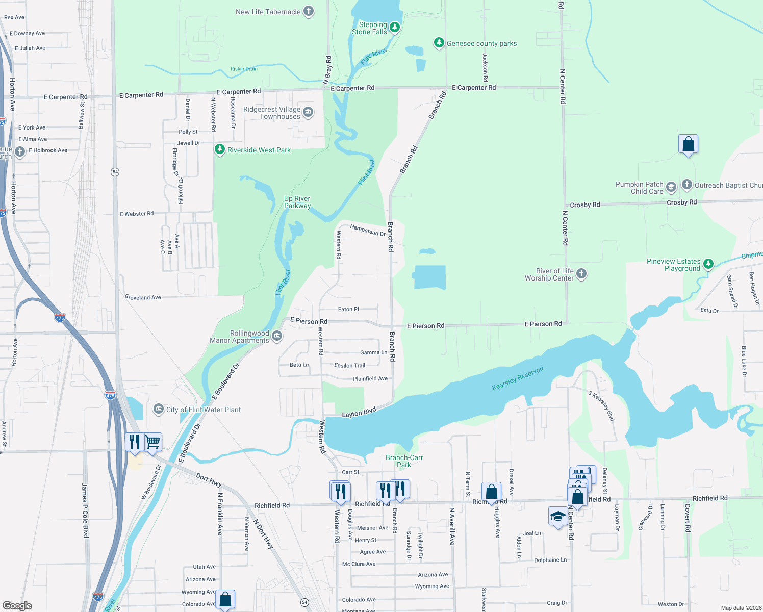 map of restaurants, bars, coffee shops, grocery stores, and more near 5306 Winsford Byway in Flint