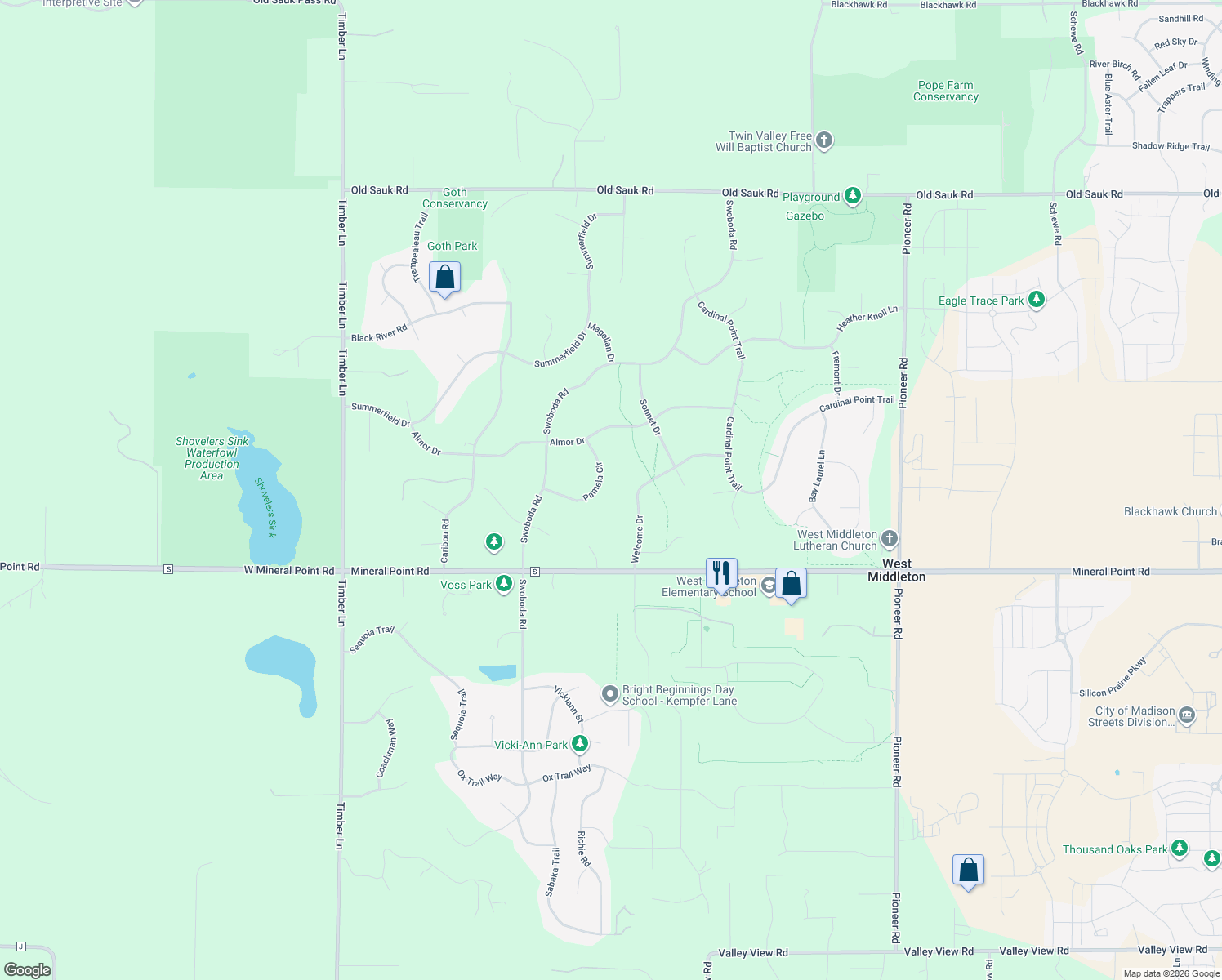 map of restaurants, bars, coffee shops, grocery stores, and more near 7731 Pamela Circle in Verona