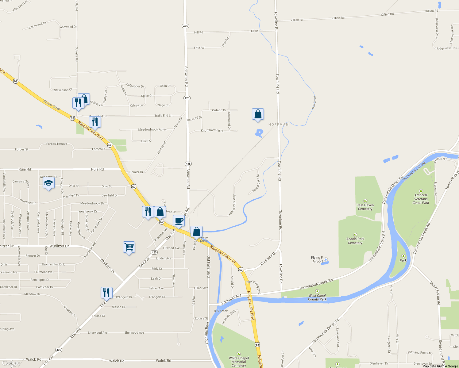 map of restaurants, bars, coffee shops, grocery stores, and more near 3949 Forest Park Way in North Tonawanda
