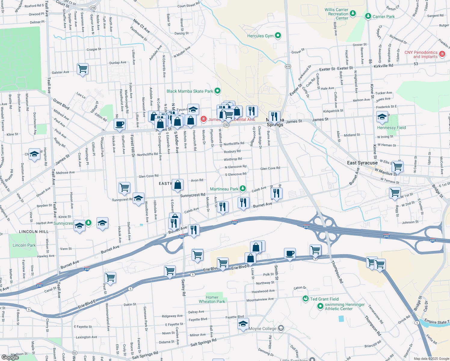 map of restaurants, bars, coffee shops, grocery stores, and more near 429 Plymouth Dr in Syracuse