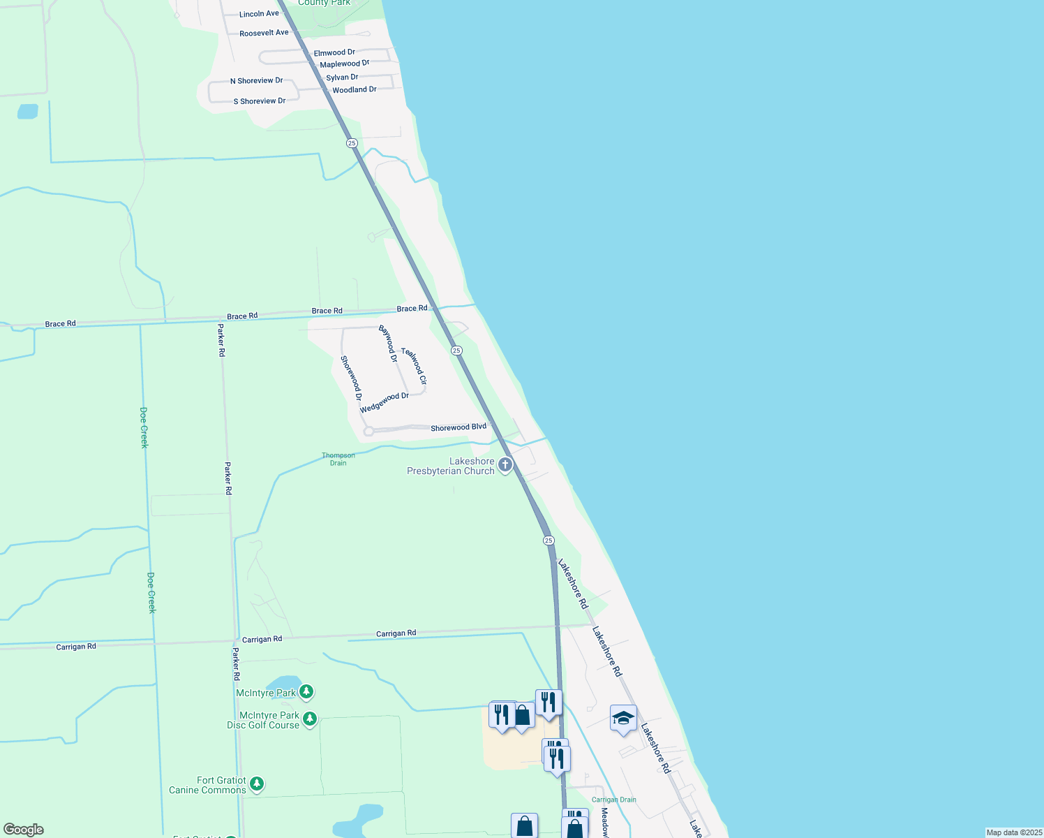 map of restaurants, bars, coffee shops, grocery stores, and more near 5298 Lakeshore Road in Fort Gratiot Township