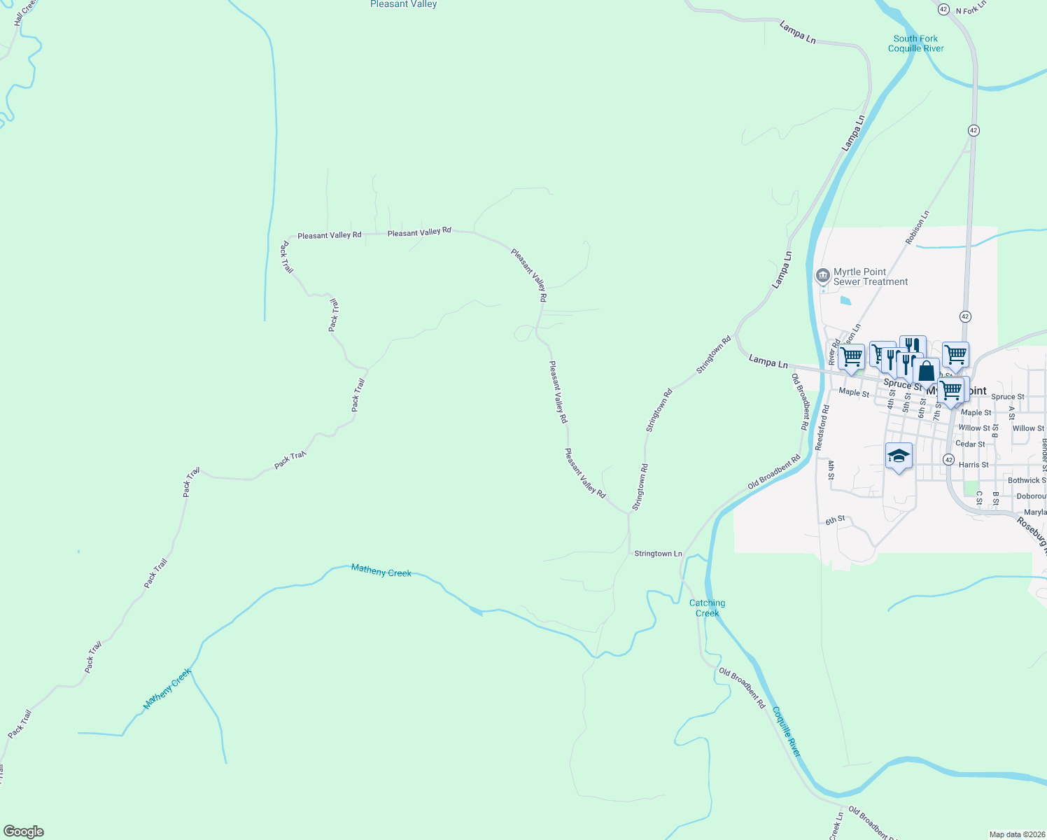 map of restaurants, bars, coffee shops, grocery stores, and more near 94104 Pleasant Valley Lane in Myrtle Point