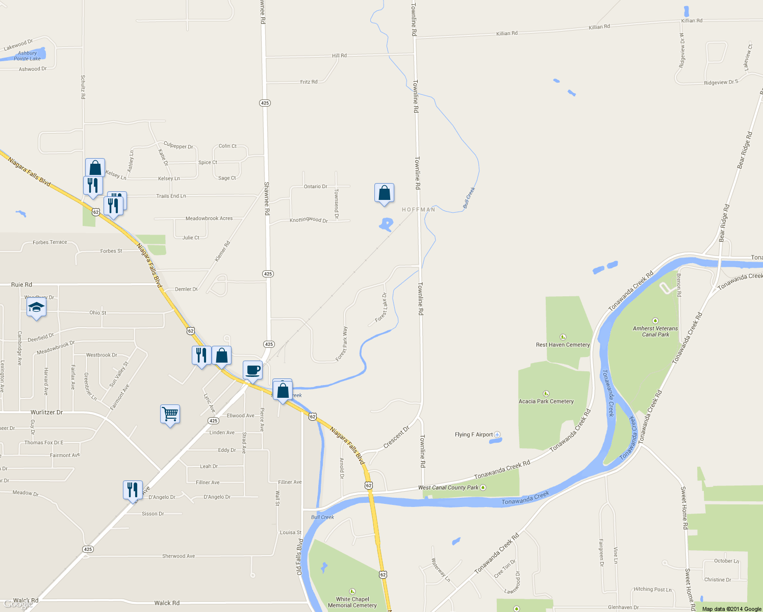 map of restaurants, bars, coffee shops, grocery stores, and more near 6 Forest Lake Dr in North Tonawanda