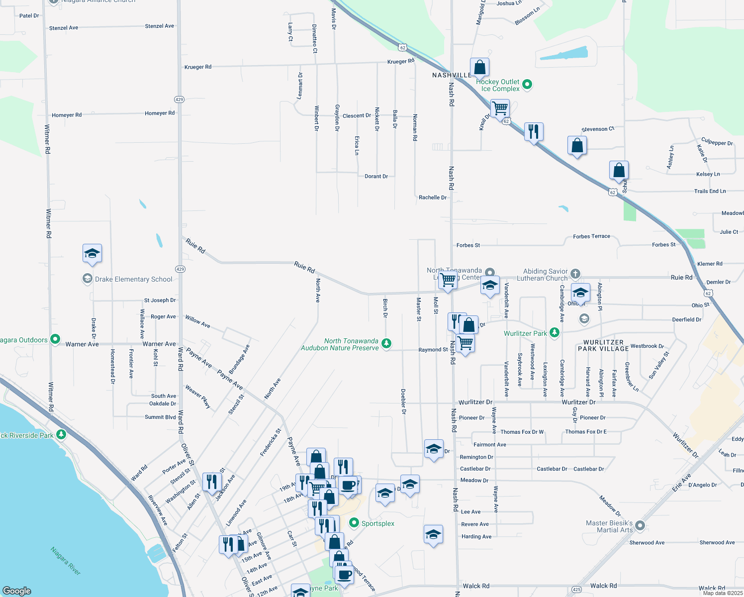 map of restaurants, bars, coffee shops, grocery stores, and more near 1070 Ruie Road in North Tonawanda