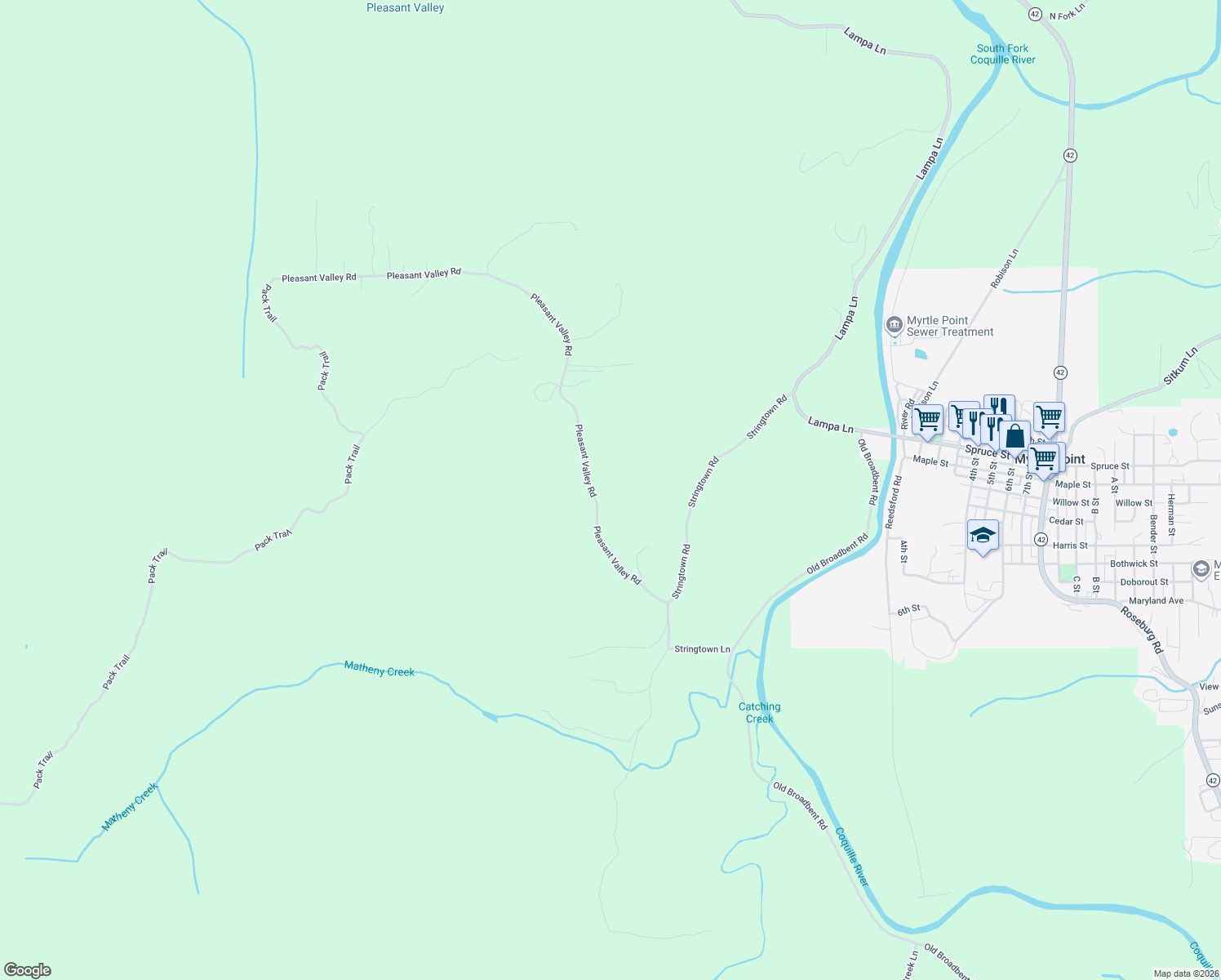 map of restaurants, bars, coffee shops, grocery stores, and more near 94104 Pleasant Valley Lane in Myrtle Point