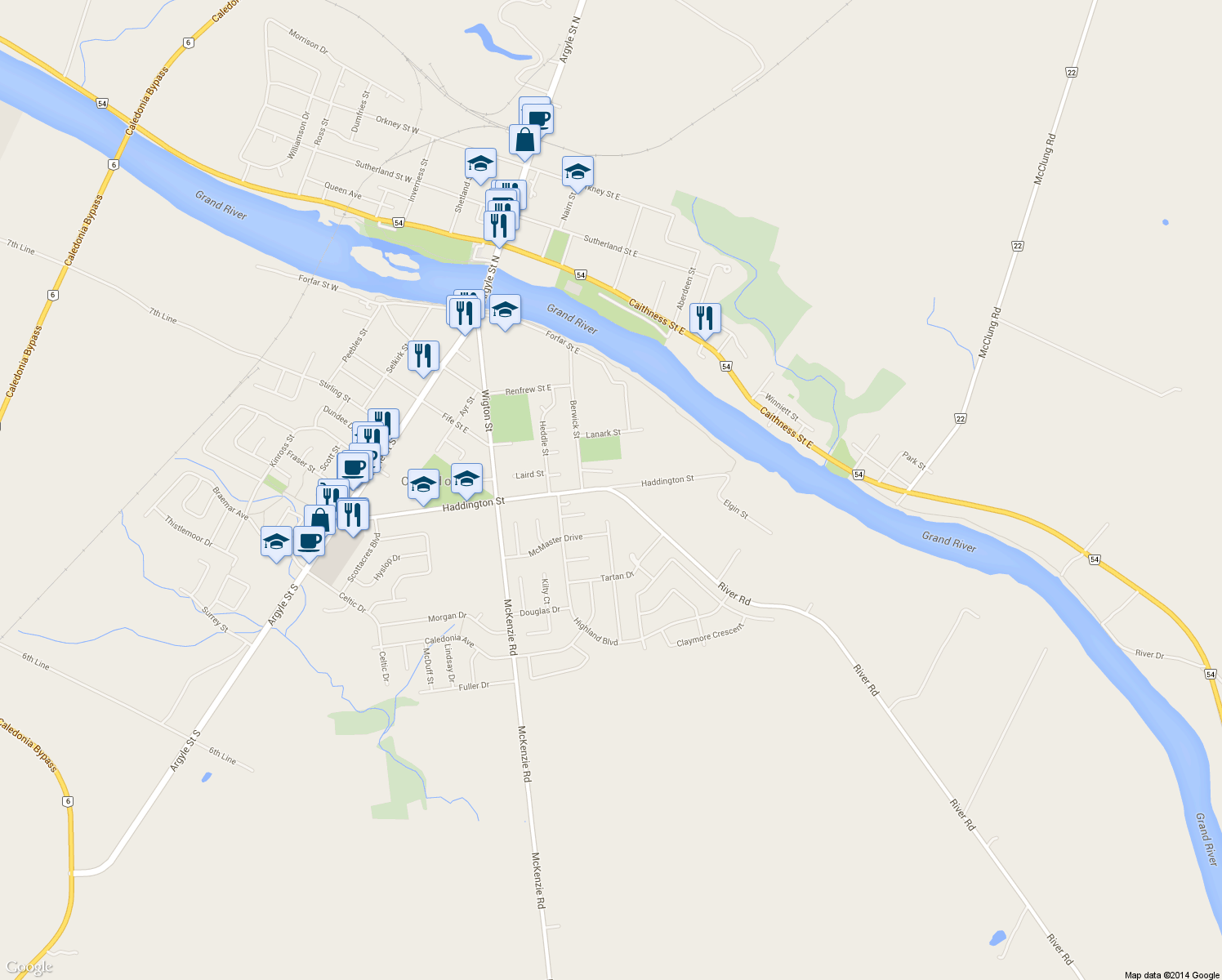 map of restaurants, bars, coffee shops, grocery stores, and more near 3810 River Road in Caledonia