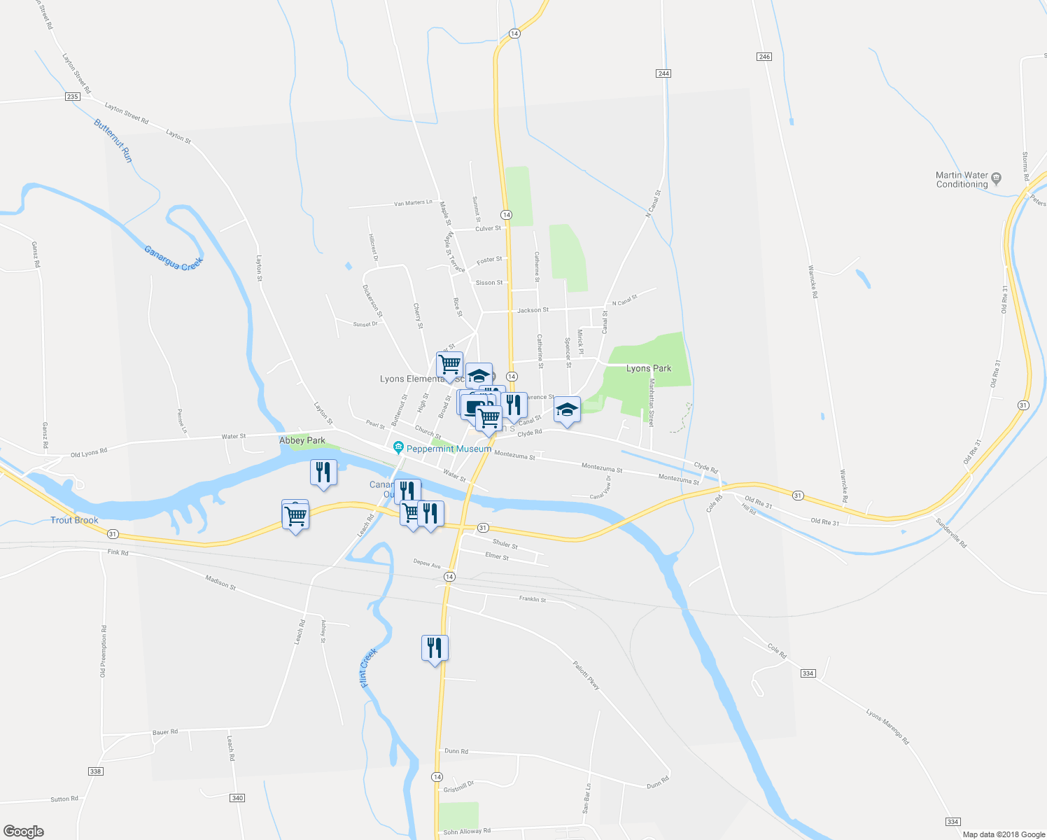 map of restaurants, bars, coffee shops, grocery stores, and more near 77 Canal Street in Lyons