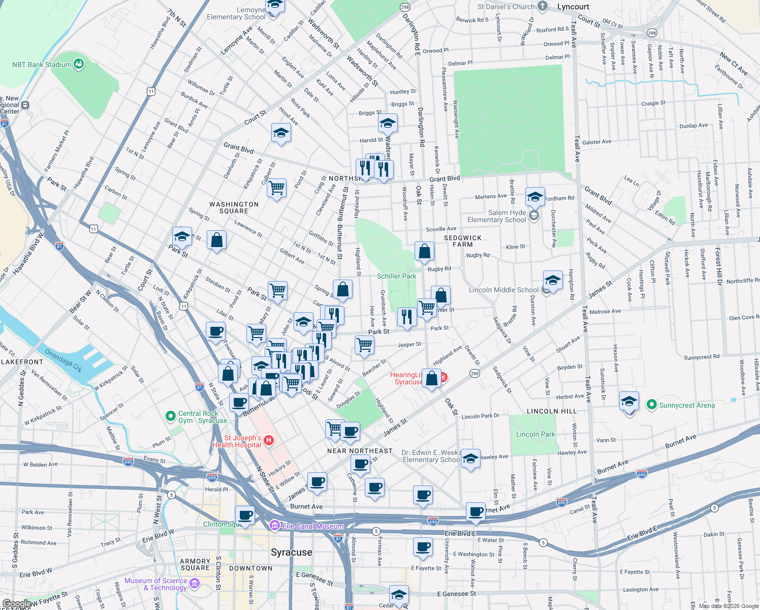 map of restaurants, bars, coffee shops, grocery stores, and more near 211 Grumbach Avenue in Syracuse
