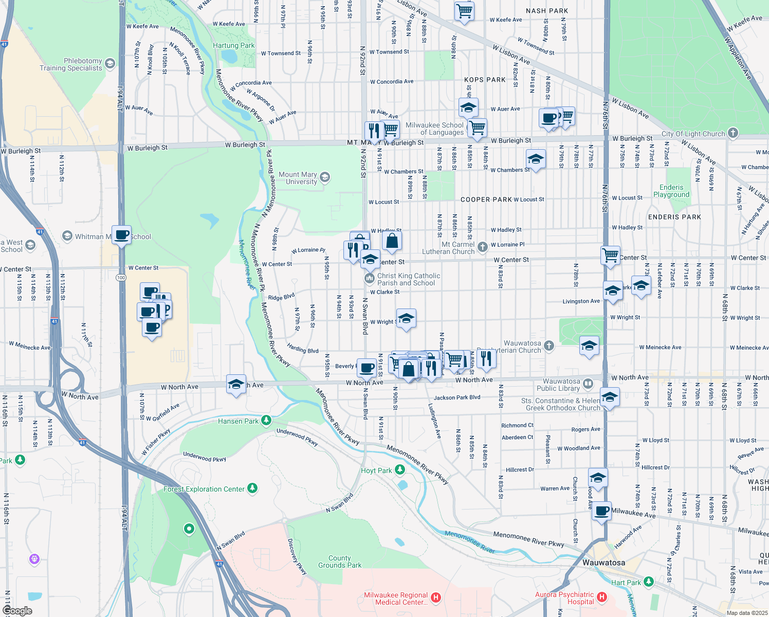 map of restaurants, bars, coffee shops, grocery stores, and more near 2536 North 91st Street in Wauwatosa