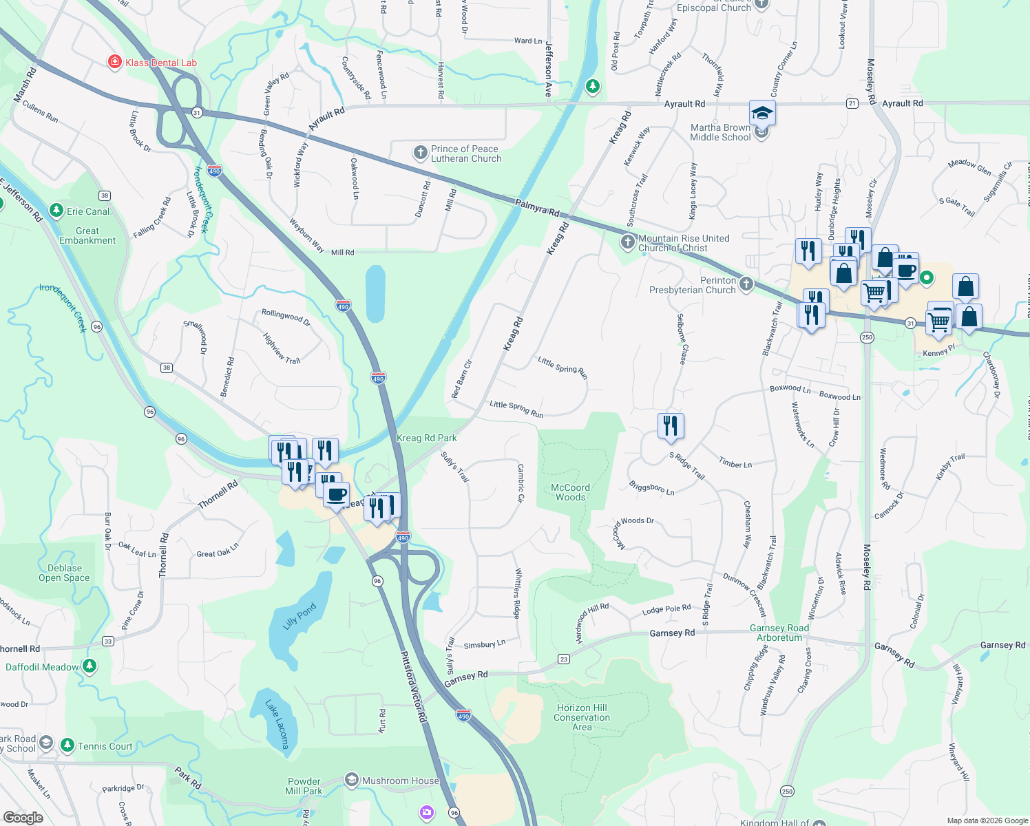 map of restaurants, bars, coffee shops, grocery stores, and more near 10 Little Spring Run in Fairport