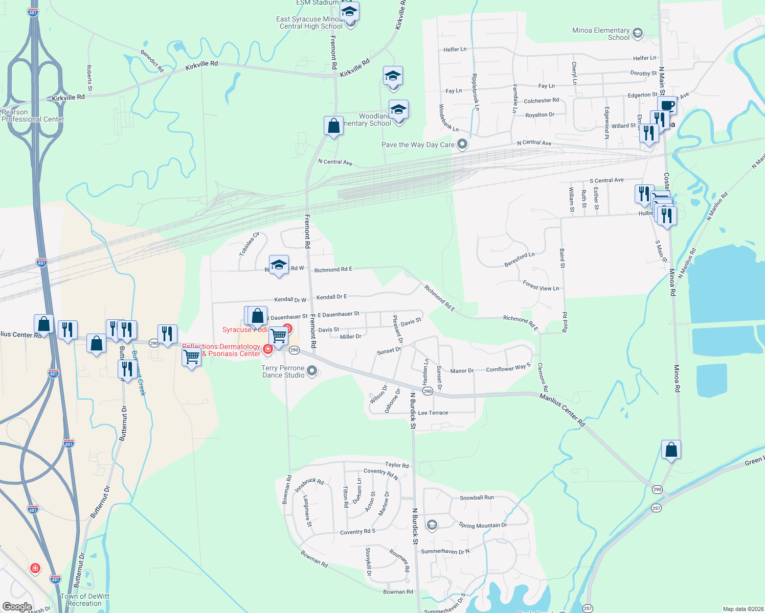map of restaurants, bars, coffee shops, grocery stores, and more near 143 East Dauenhauer Street in East Syracuse