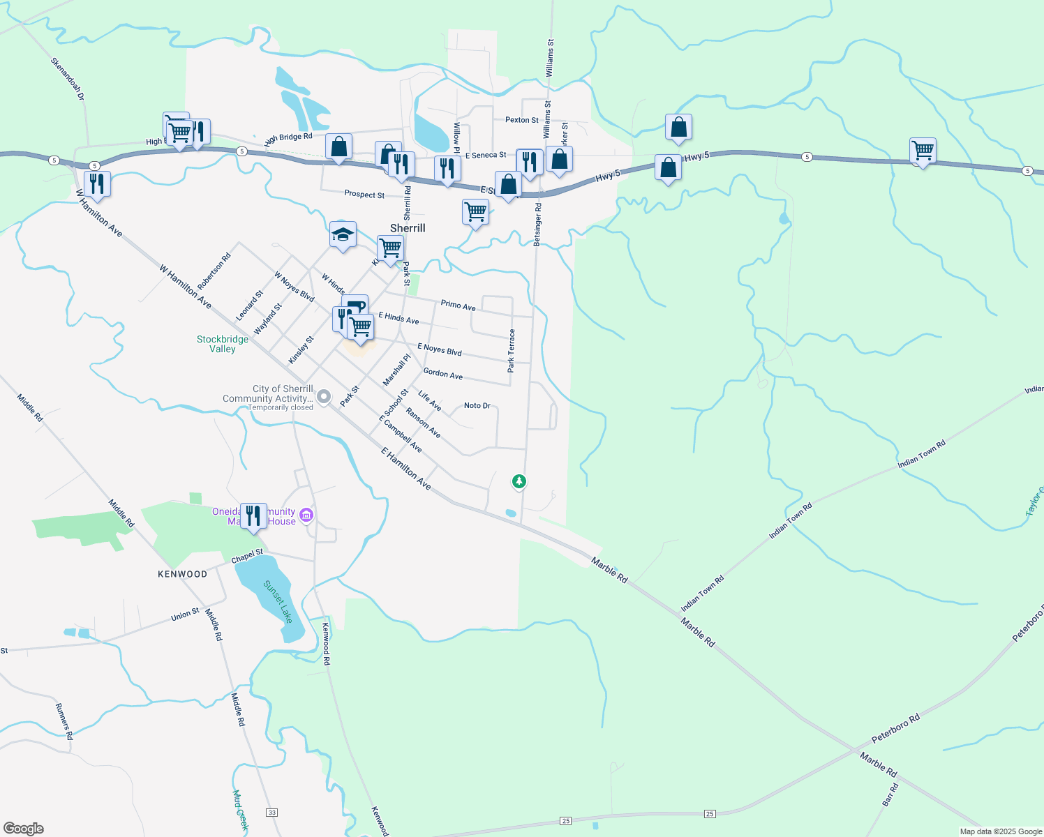 map of restaurants, bars, coffee shops, grocery stores, and more near 423 Betsinger Rd in Sherrill