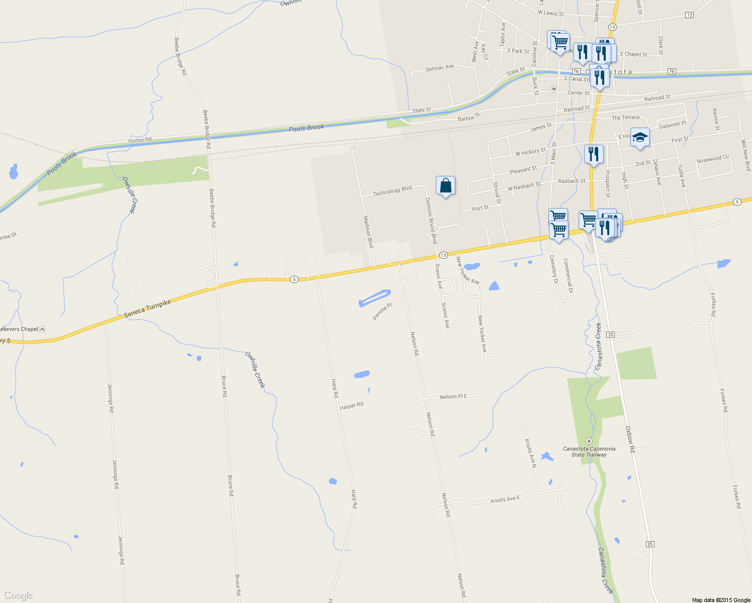 map of restaurants, bars, coffee shops, grocery stores, and more near 1030 Pavone Place in Canastota