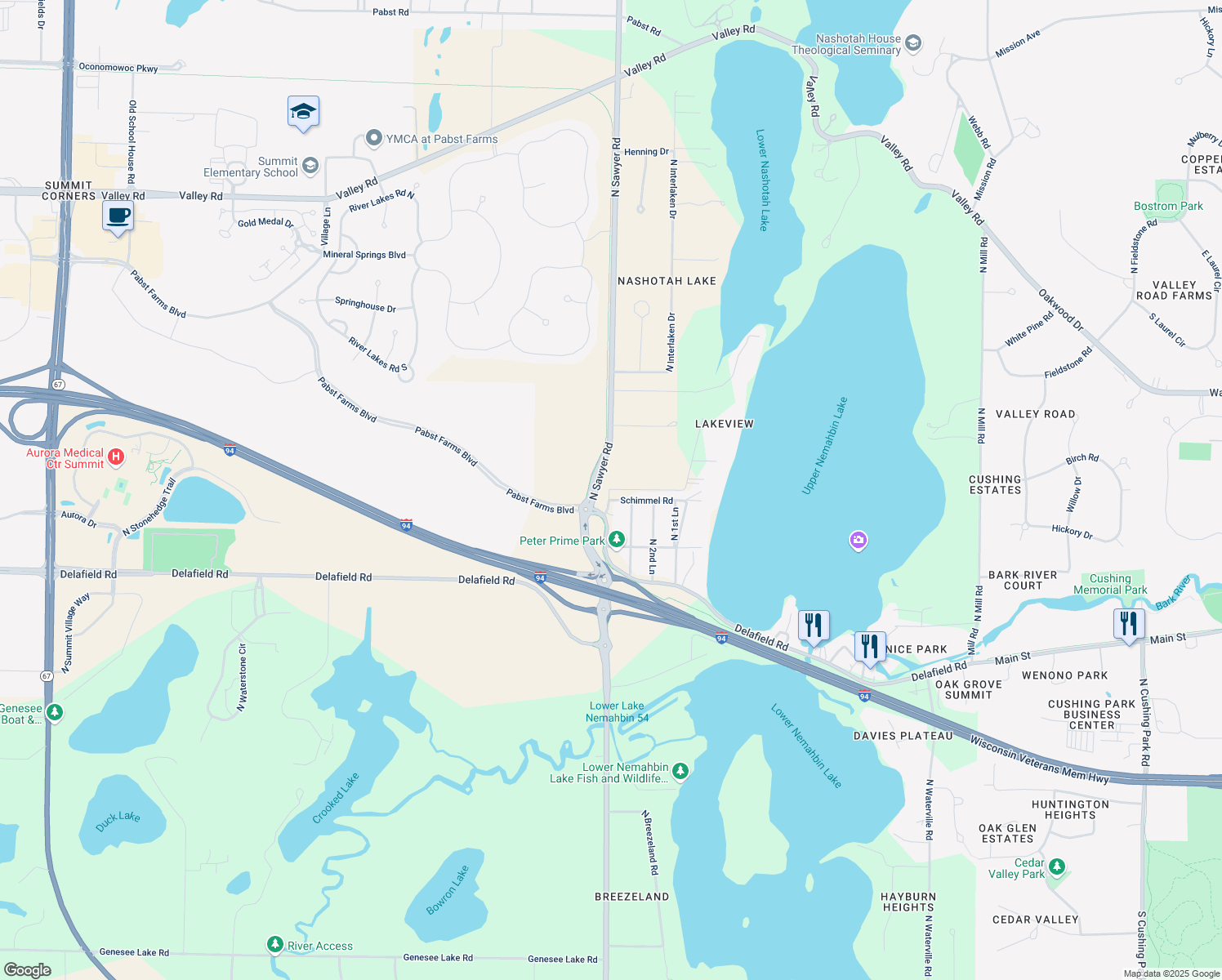 map of restaurants, bars, coffee shops, grocery stores, and more near 2606 North Huebner Road in Oconomowoc